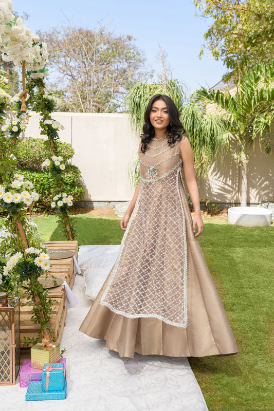 Aura - champagne silver embroidered formal dress by Alishba Kashif