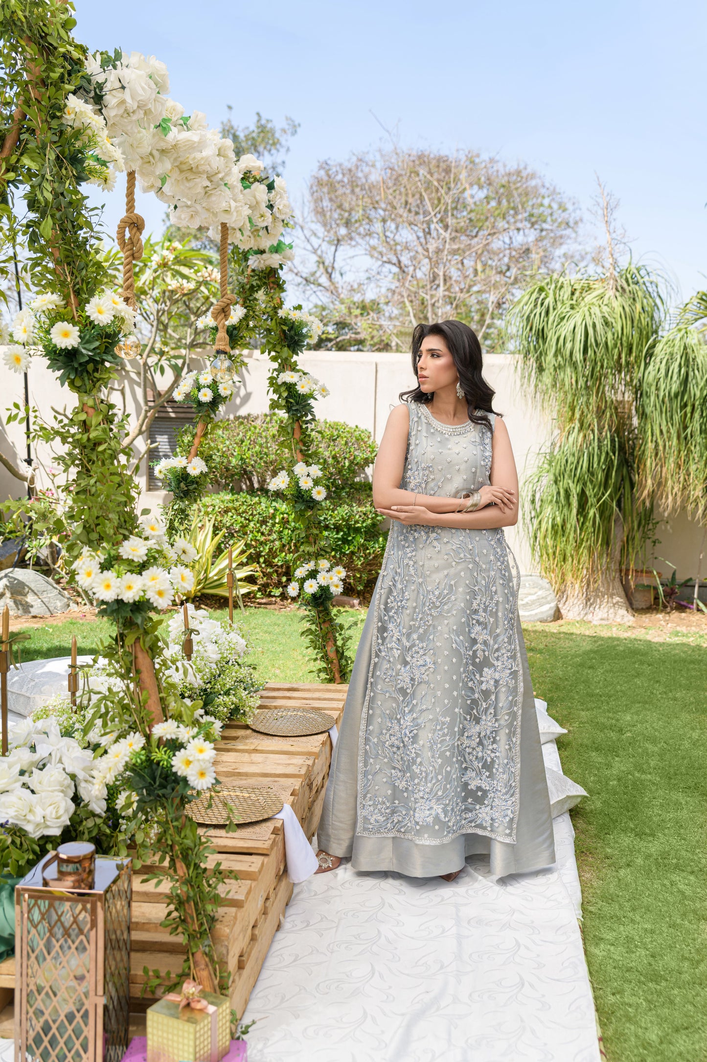 Ethereal Frost - silver grey maisoori net embroidered shirt front view by Alishba Kashif