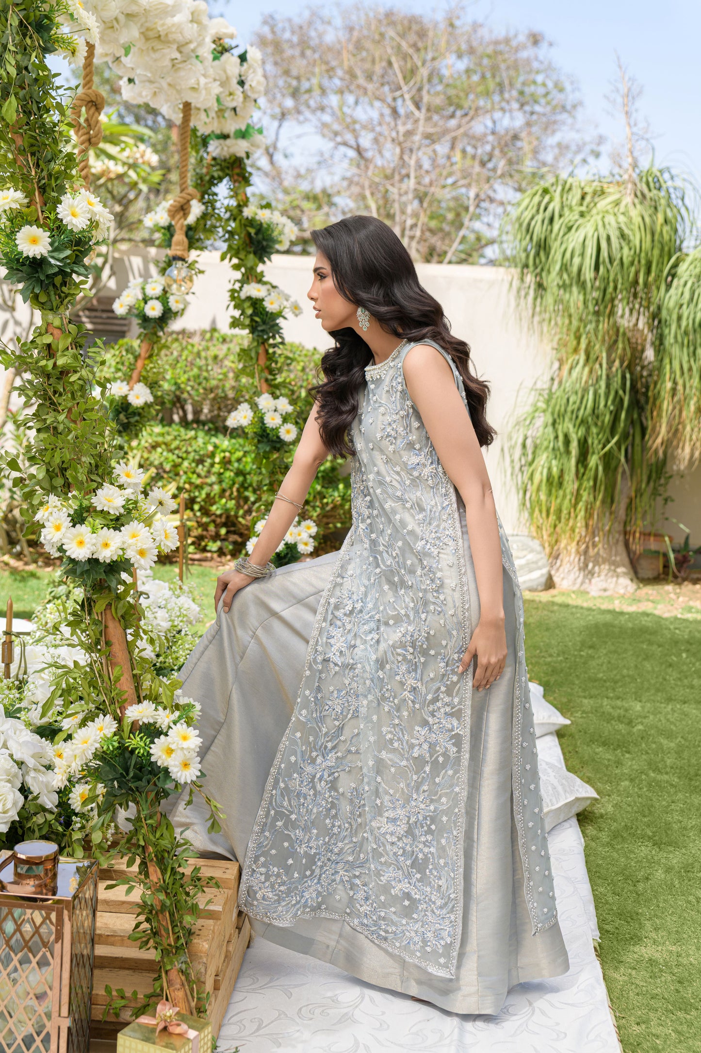 Ethereal Frost - silver grey maisoori net embroidered shirt side detail view by Alishba Kashif