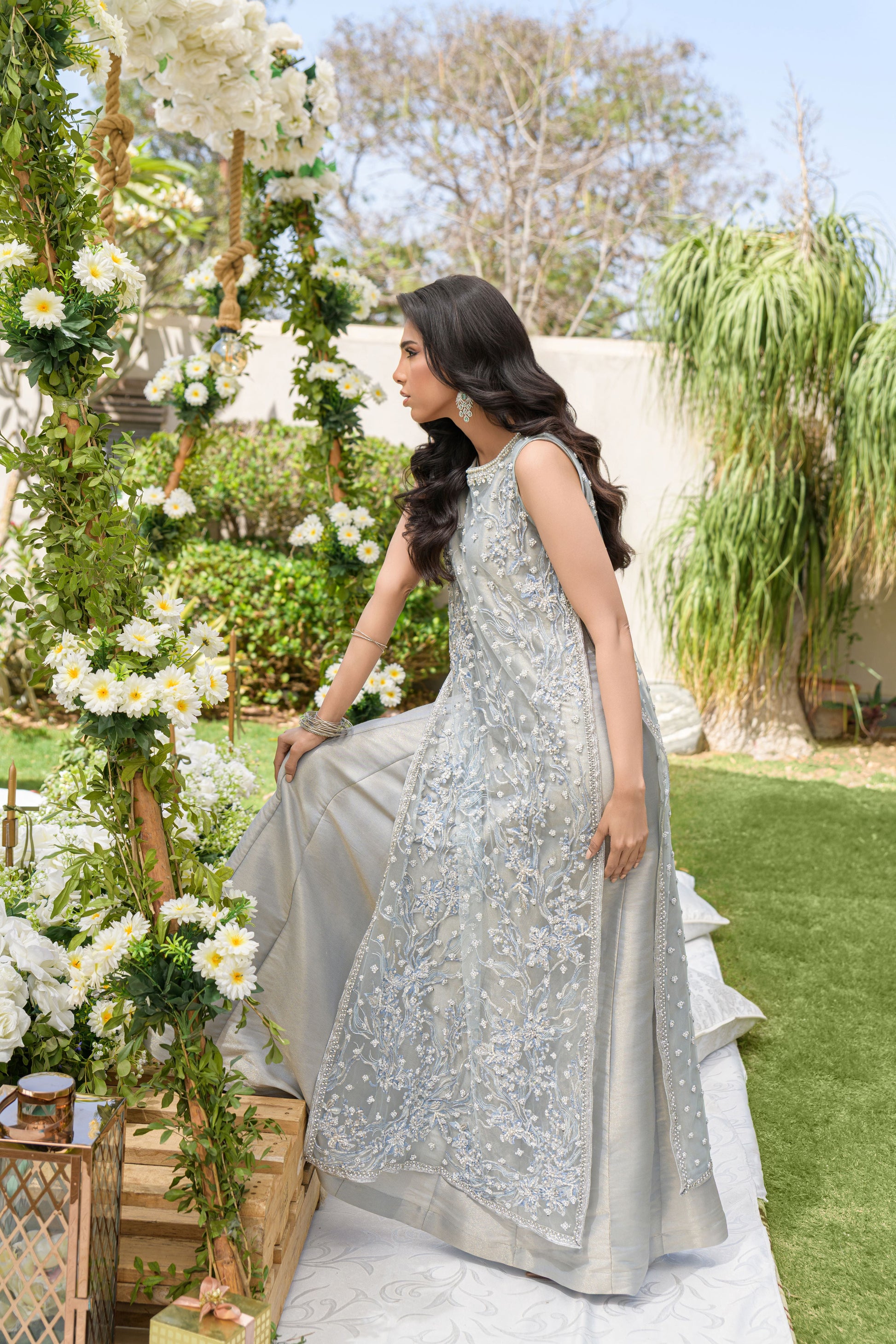 Ethereal Frost - silver grey maisoori net embroidered shirt side detail view by Alishba Kashif