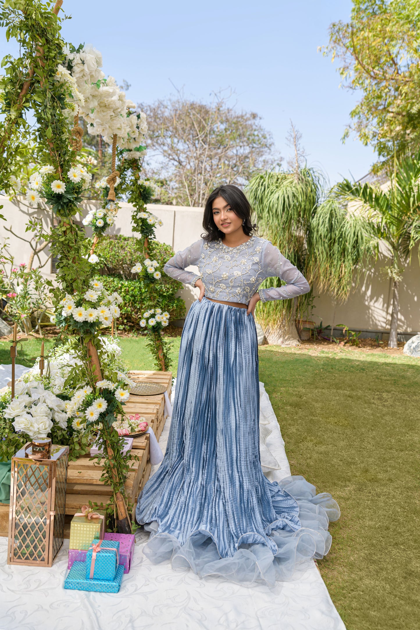 Roya Azure - blue silver embroidered lehnga set by Alishba Kashif