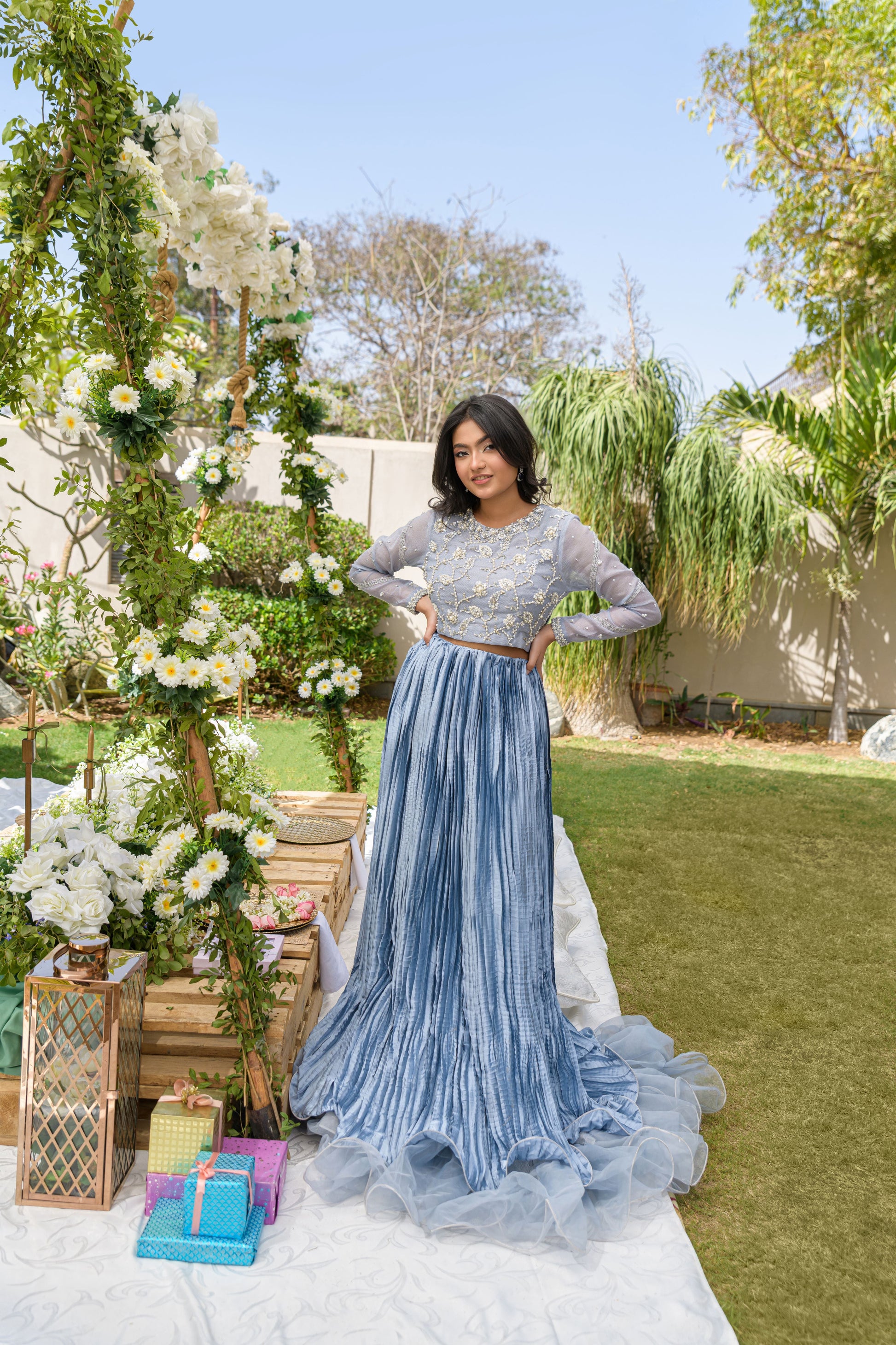 Roya Azure - blue silver embroidered lehnga set by Alishba Kashif