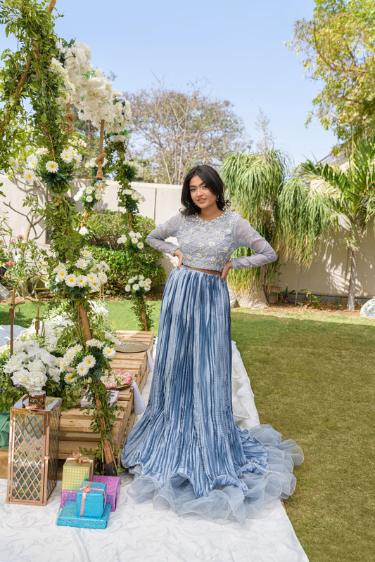 Roya Azure - blue silver embroidered lehnga set by Alishba Kashif