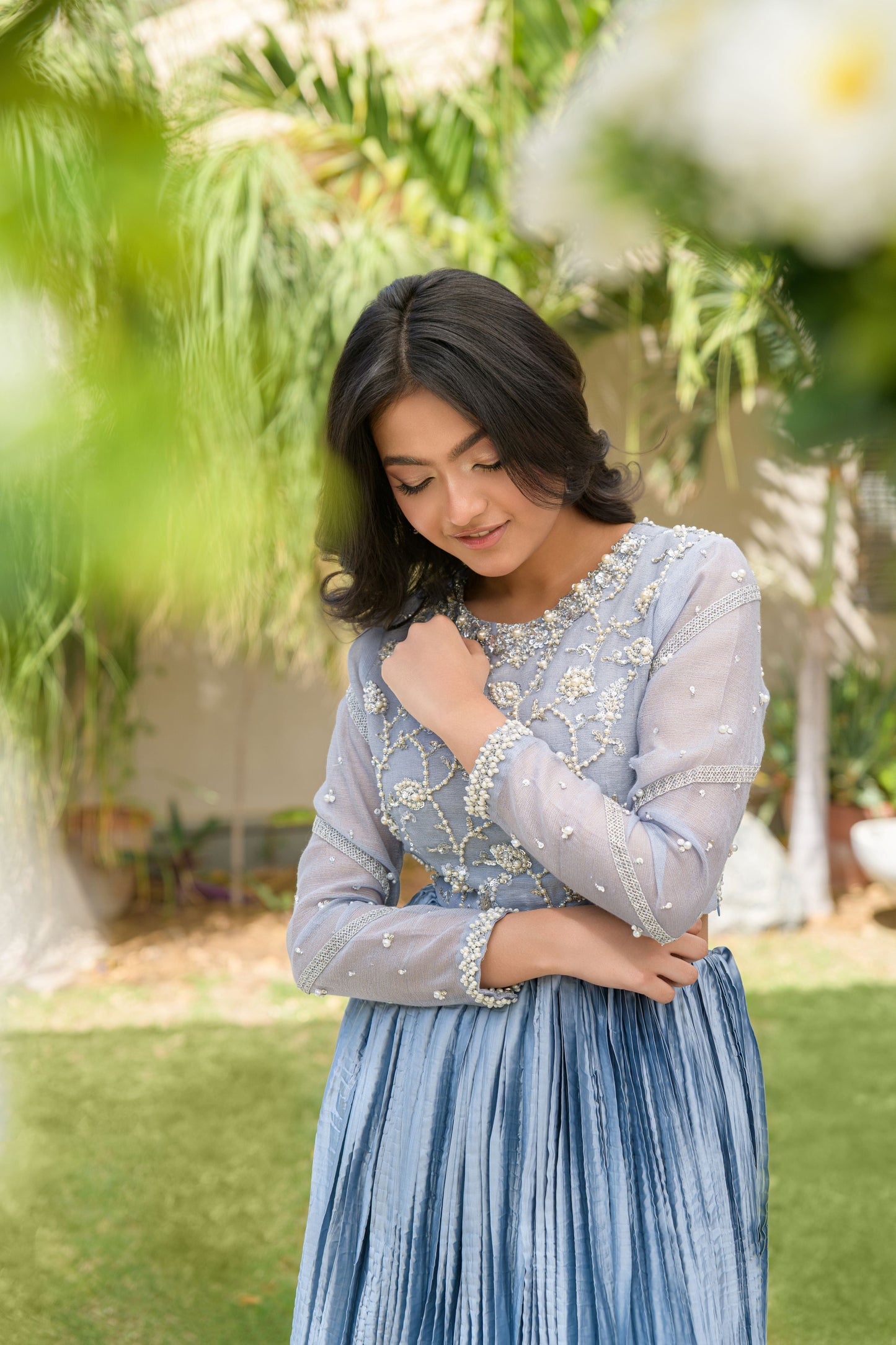 Roya Azure - blue silver embroidered lehnga set detail view by Alishba Kashif