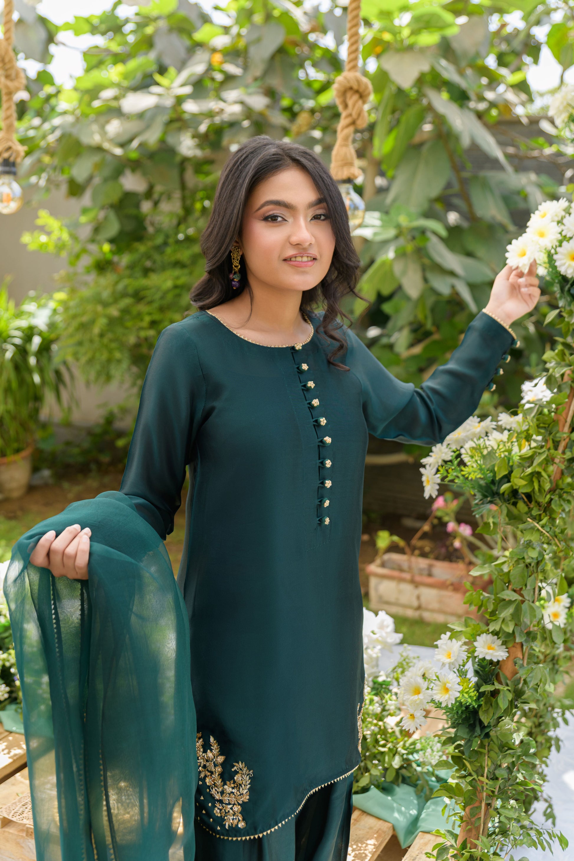 Zamurad Elan - deep green sheesha silk shirt with gold zardozi detail view by Alishba Kashif 