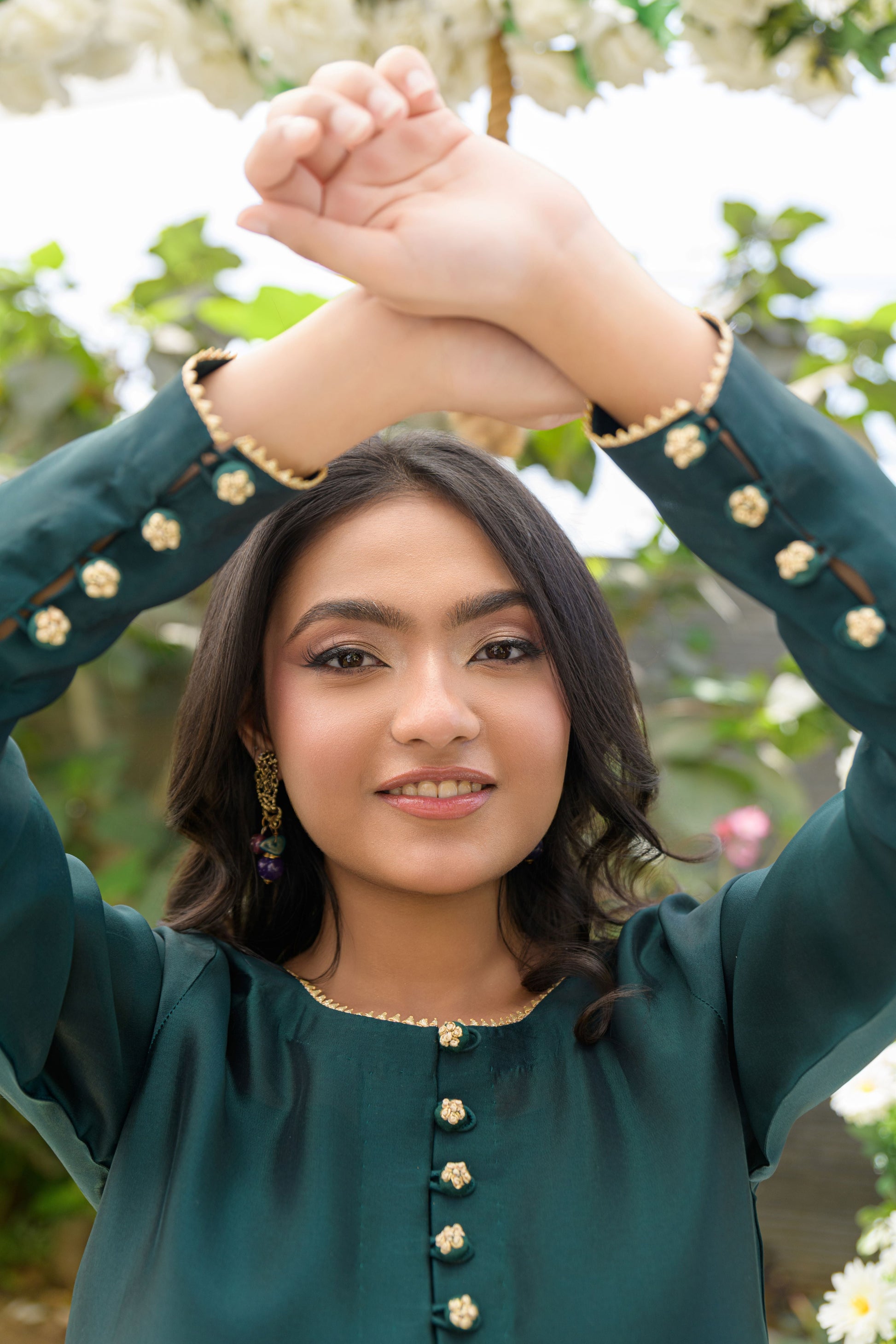 Zamurad Elan - deep green sheesha silk shirt with gold zardozi buttons view by Alishba Kashif 