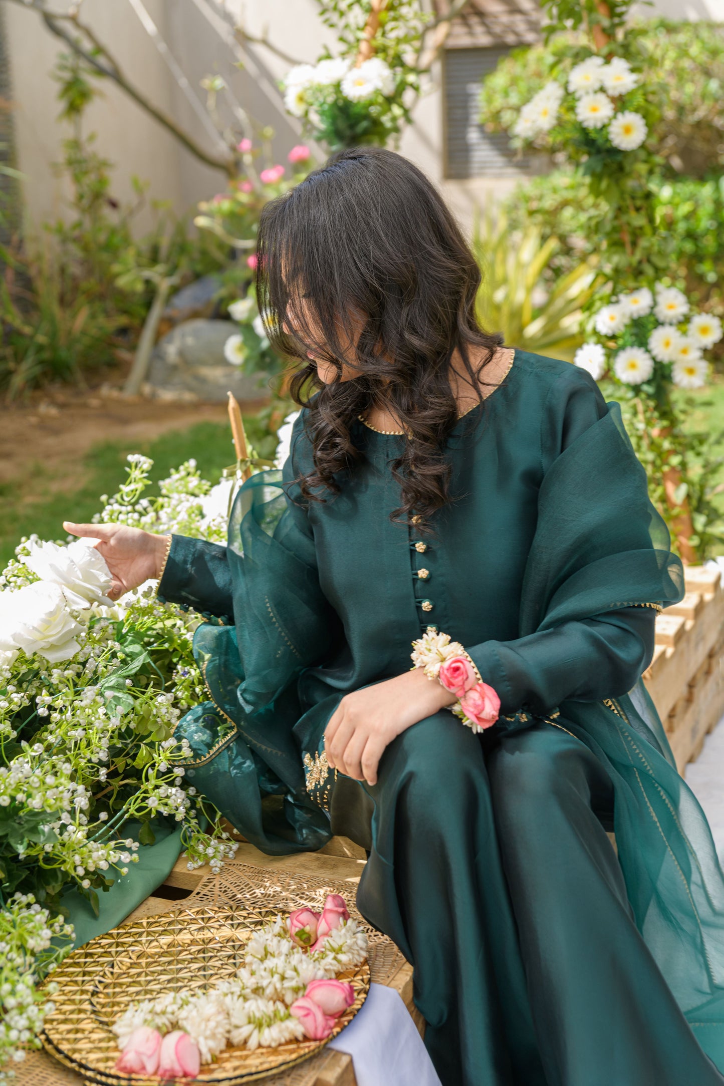 Zamurad Elan - deep green sheesha silk shirt with gold zardozi side view by Alishba Kashif 