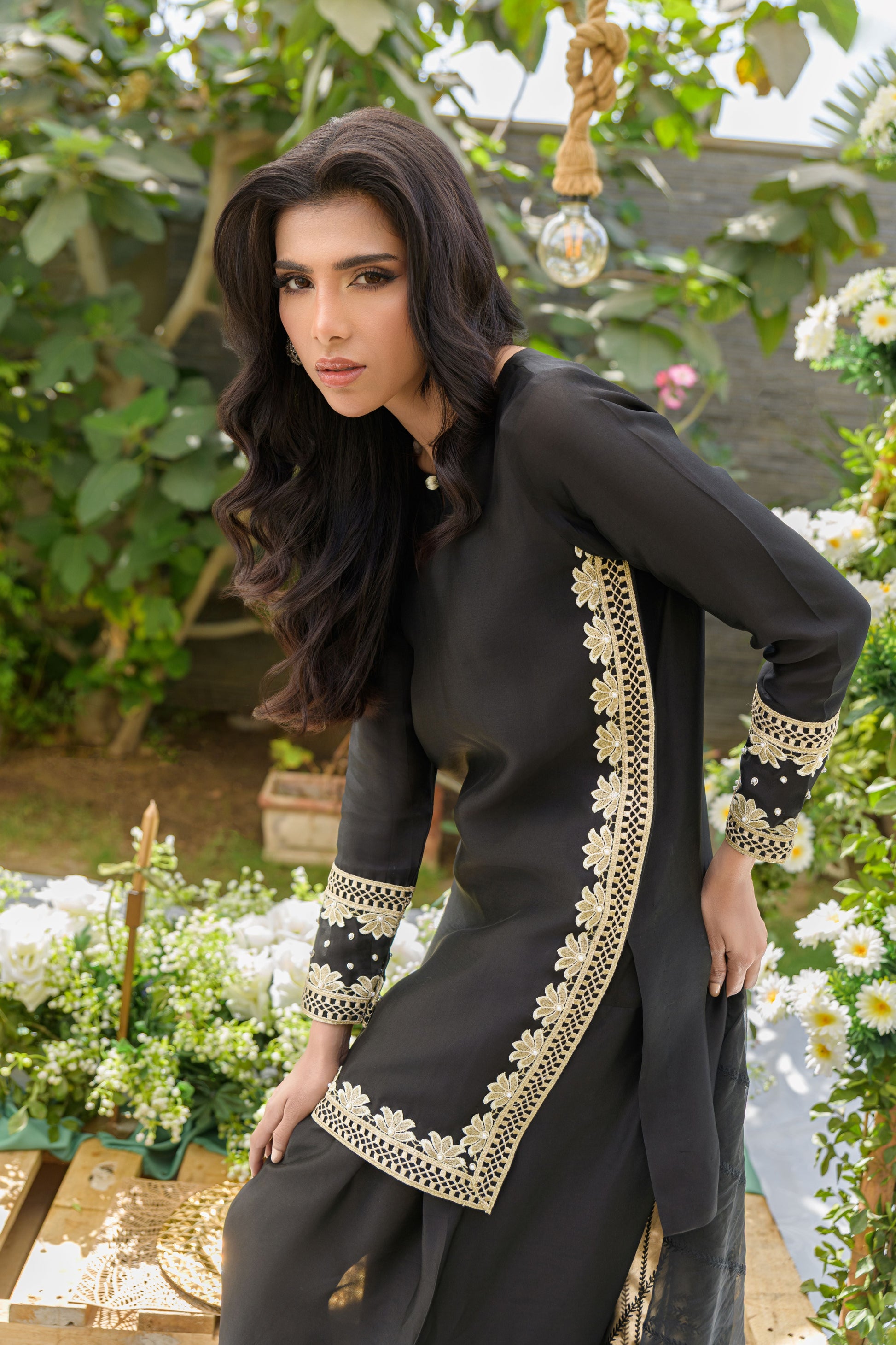 Noir Elegance - black sheesha silk suit with ivory lace border side view by Alishba Kashif