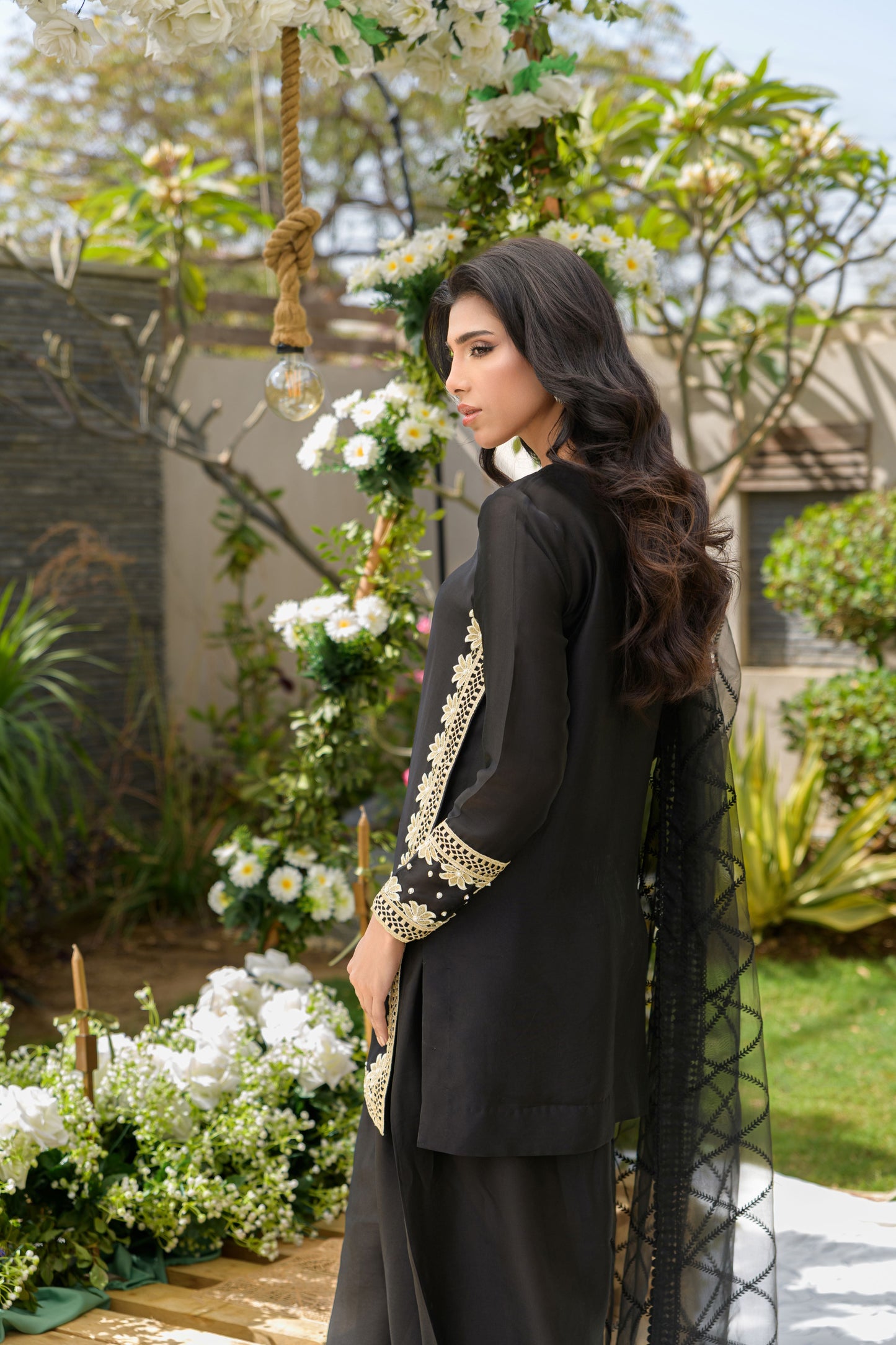 Noir Elegance - black sheesha silk suit with ivory lace border back view by Alishba Kashif