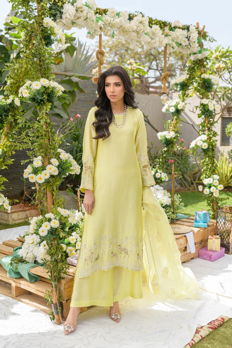 Sunlit Serenity - yellow embroidered formal outfit by Alishba Kashif