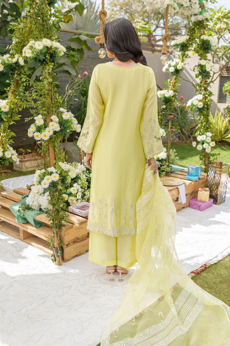 Sunlit Serenity - yellow embroidered formal outfit back view by Alishba Kashif