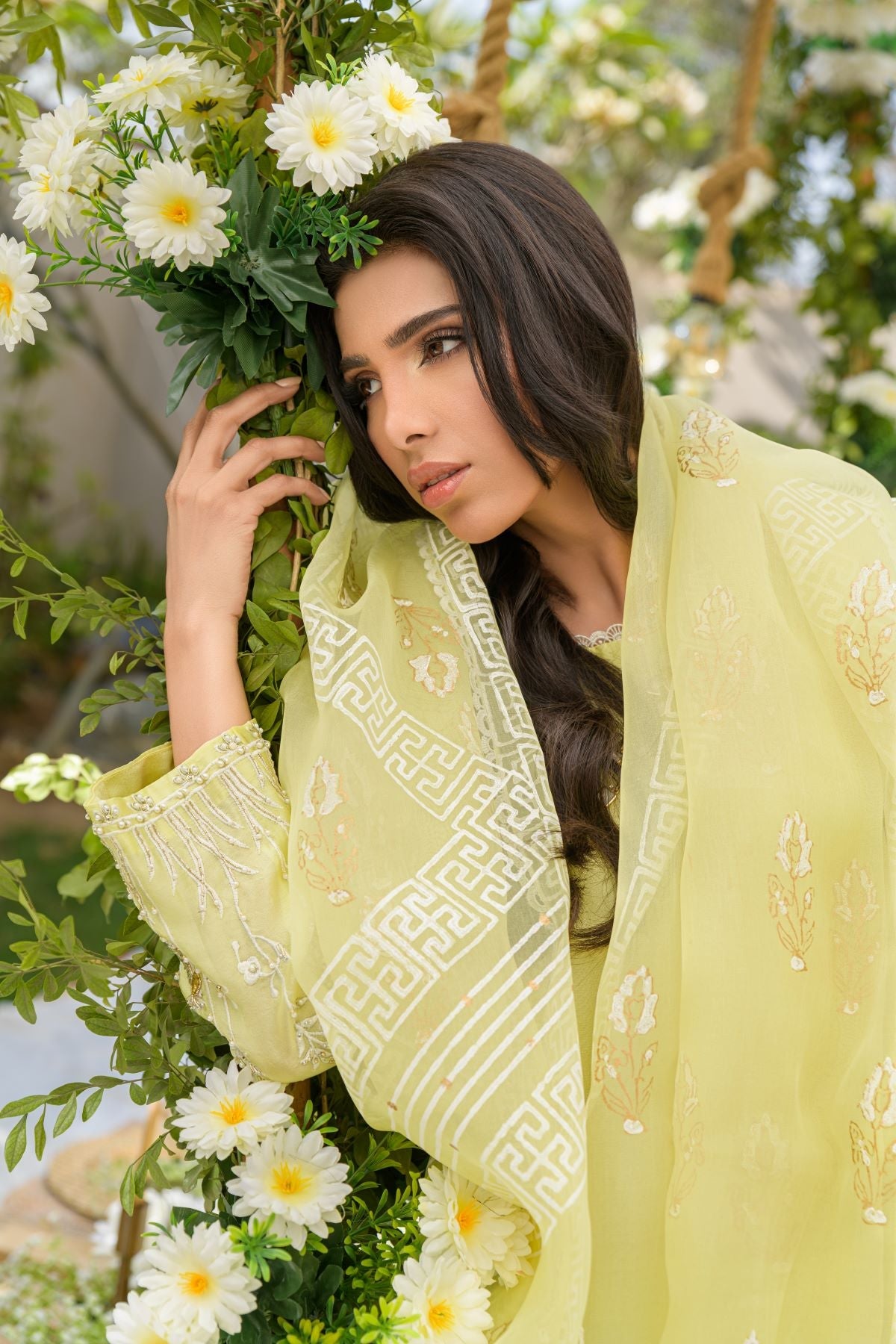 Sunlit Serenity - yellow embroidered formal outfit dupatta view by Alishba Kashif