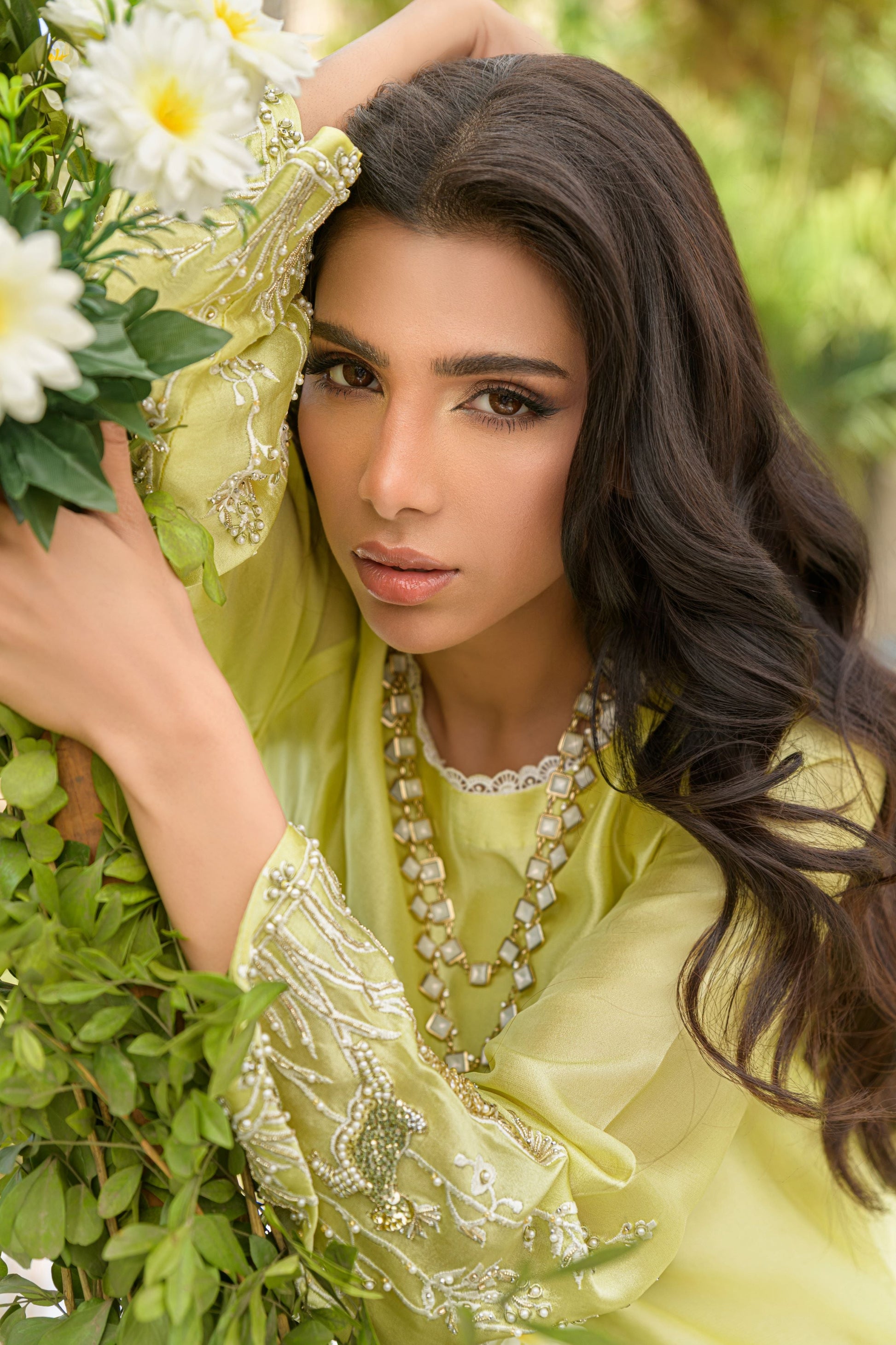 Sunlit Serenity - yellow embroidered formal outfit detail by Alishba Kashif