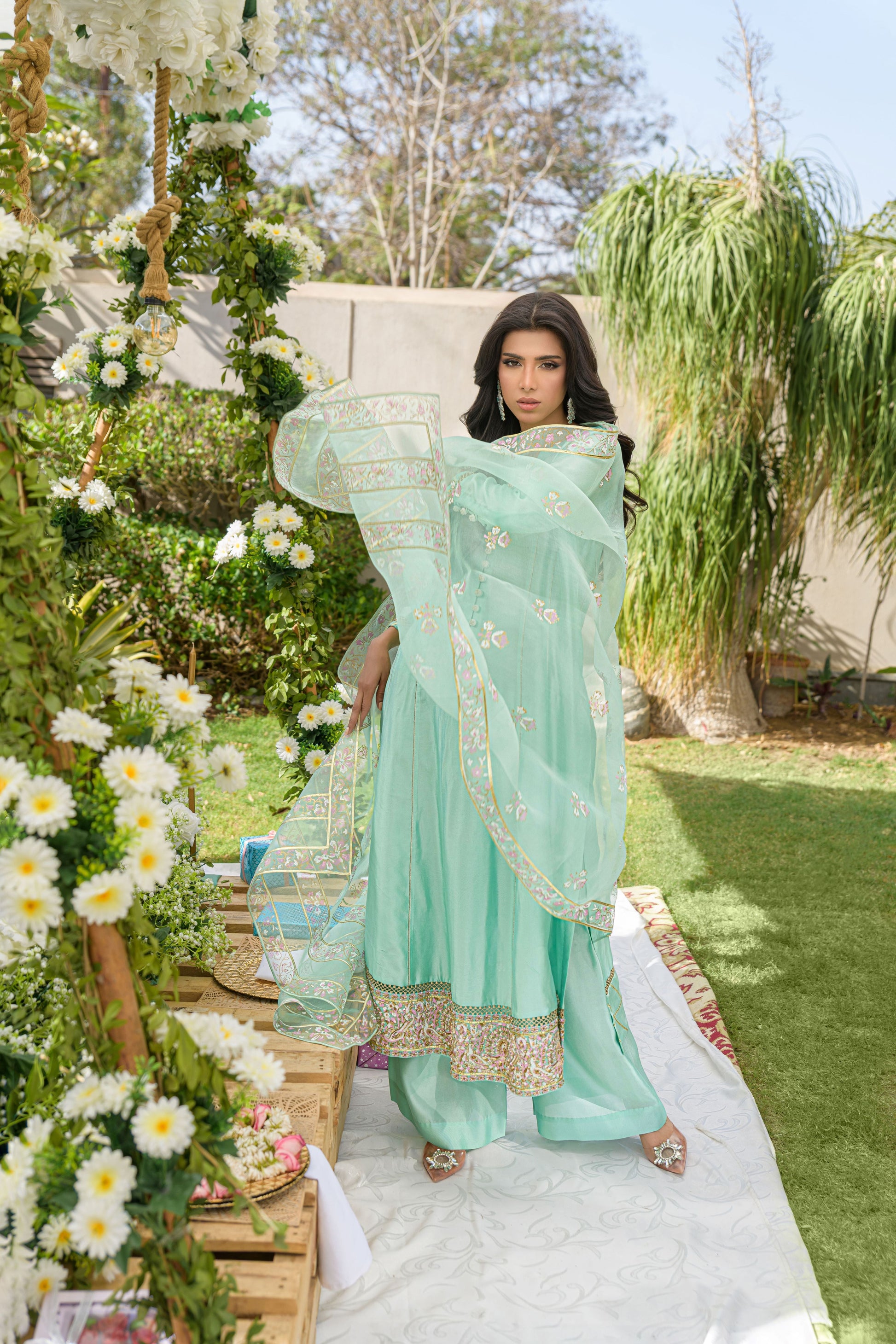 Ocean Whisper - pastel mint embellished outfit dupatta pose by Alishba Kashif