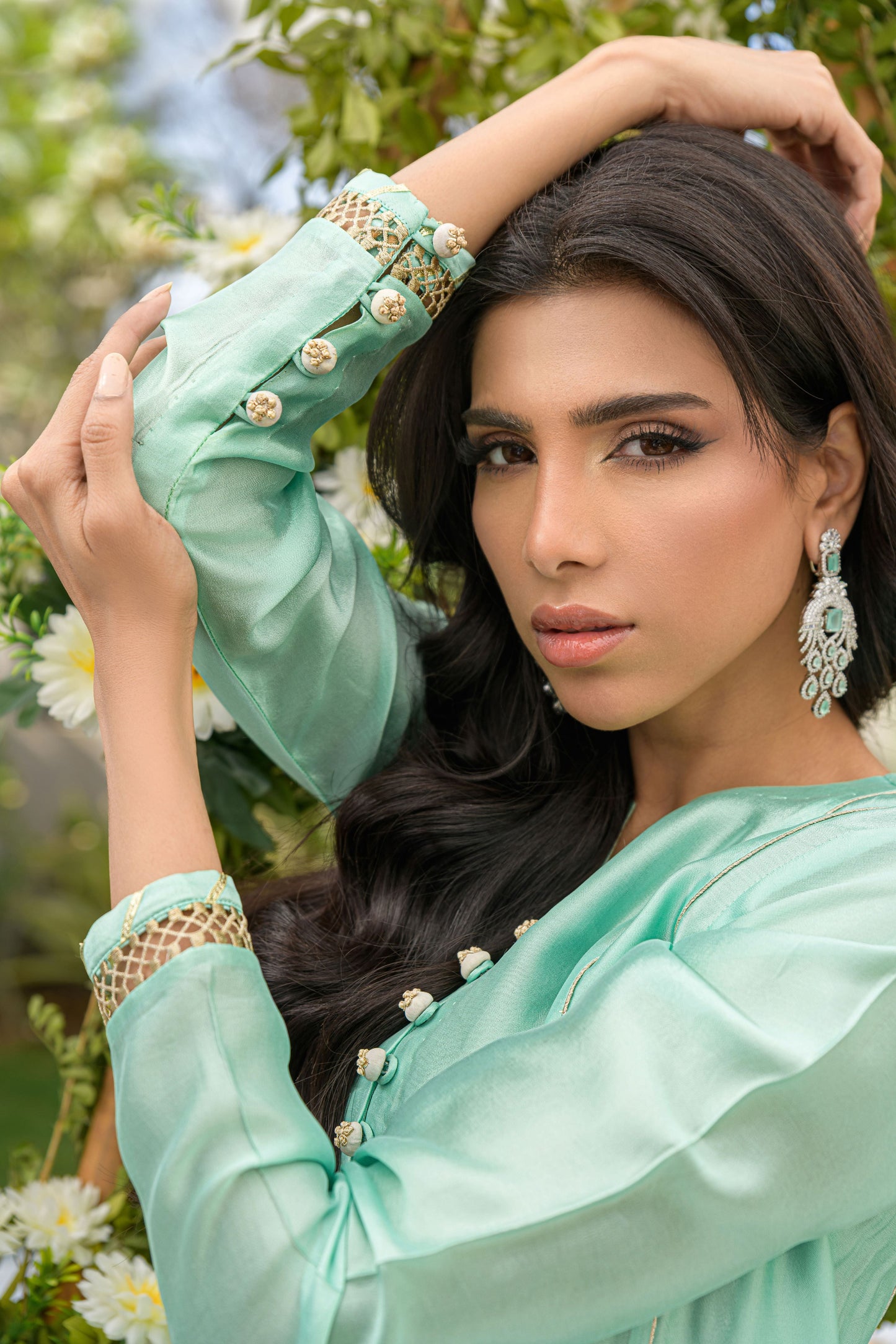 Ocean Whisper - pastel mint embellished outfit sleeve detail view by Alishba Kashif