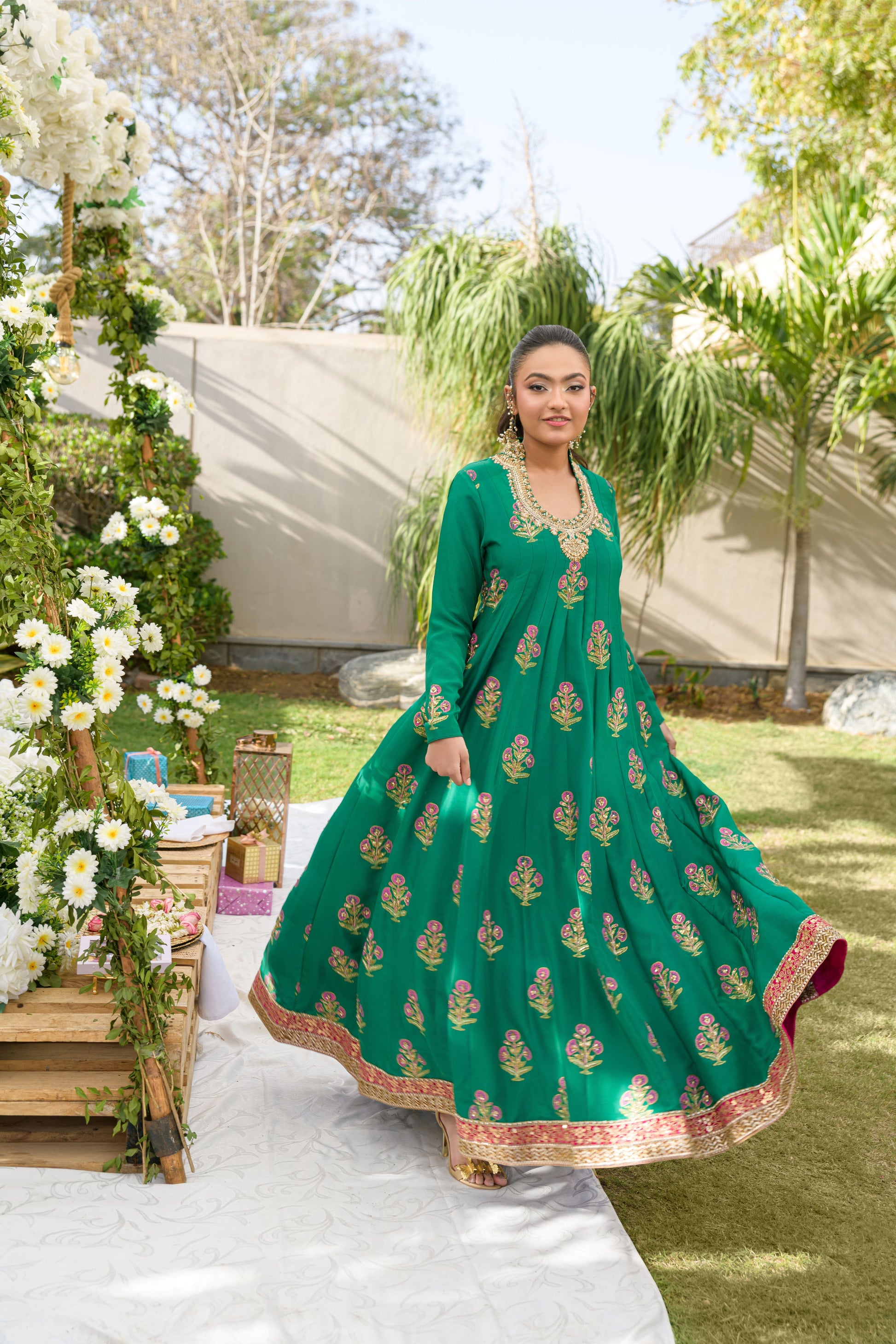 Emerald Bloom - deep green sheesha silk dress twirl view by Alishba Kashif