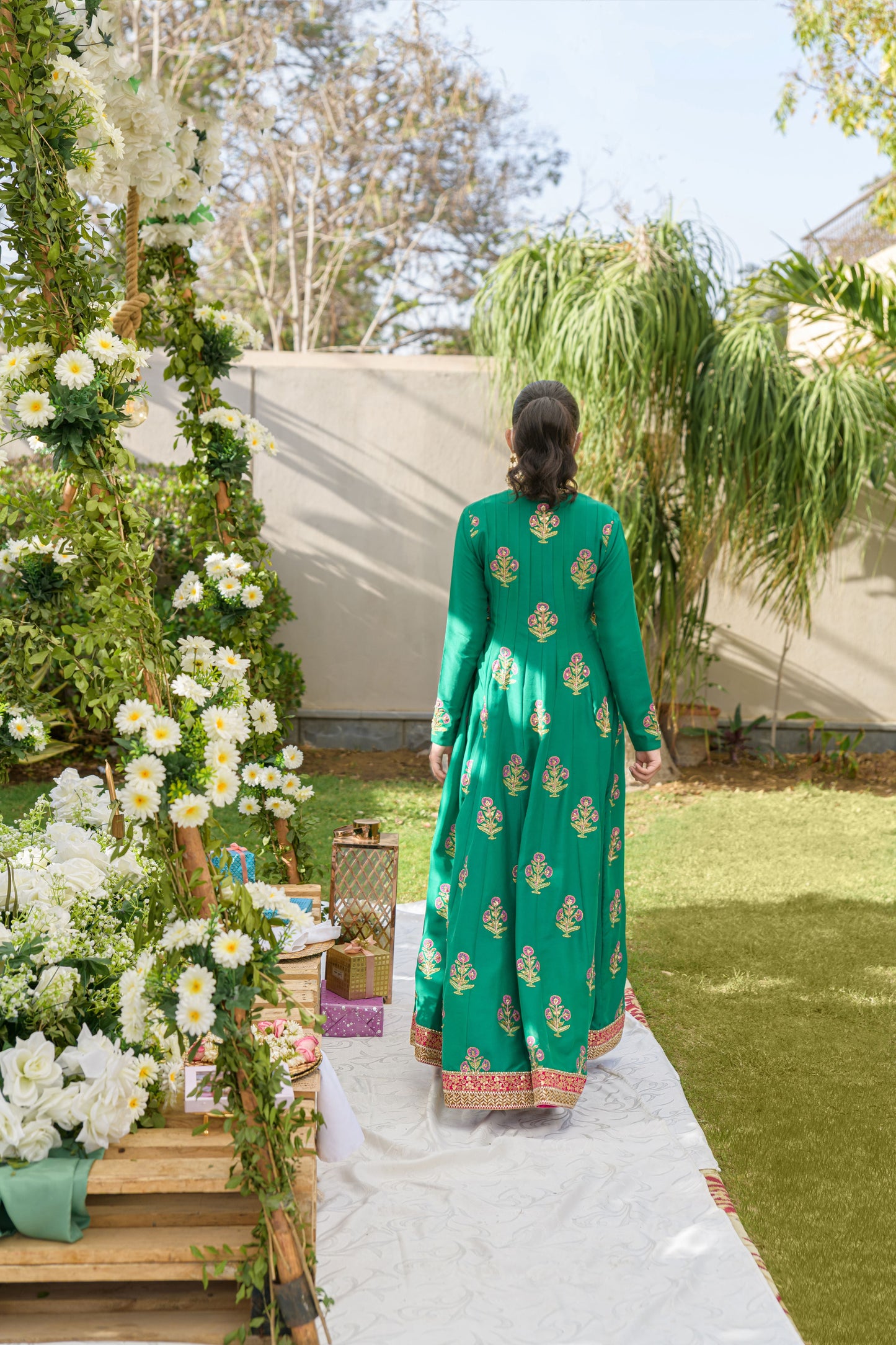 Emerald Bloom - deep green embellished dress full length back view by Alishba Kashif