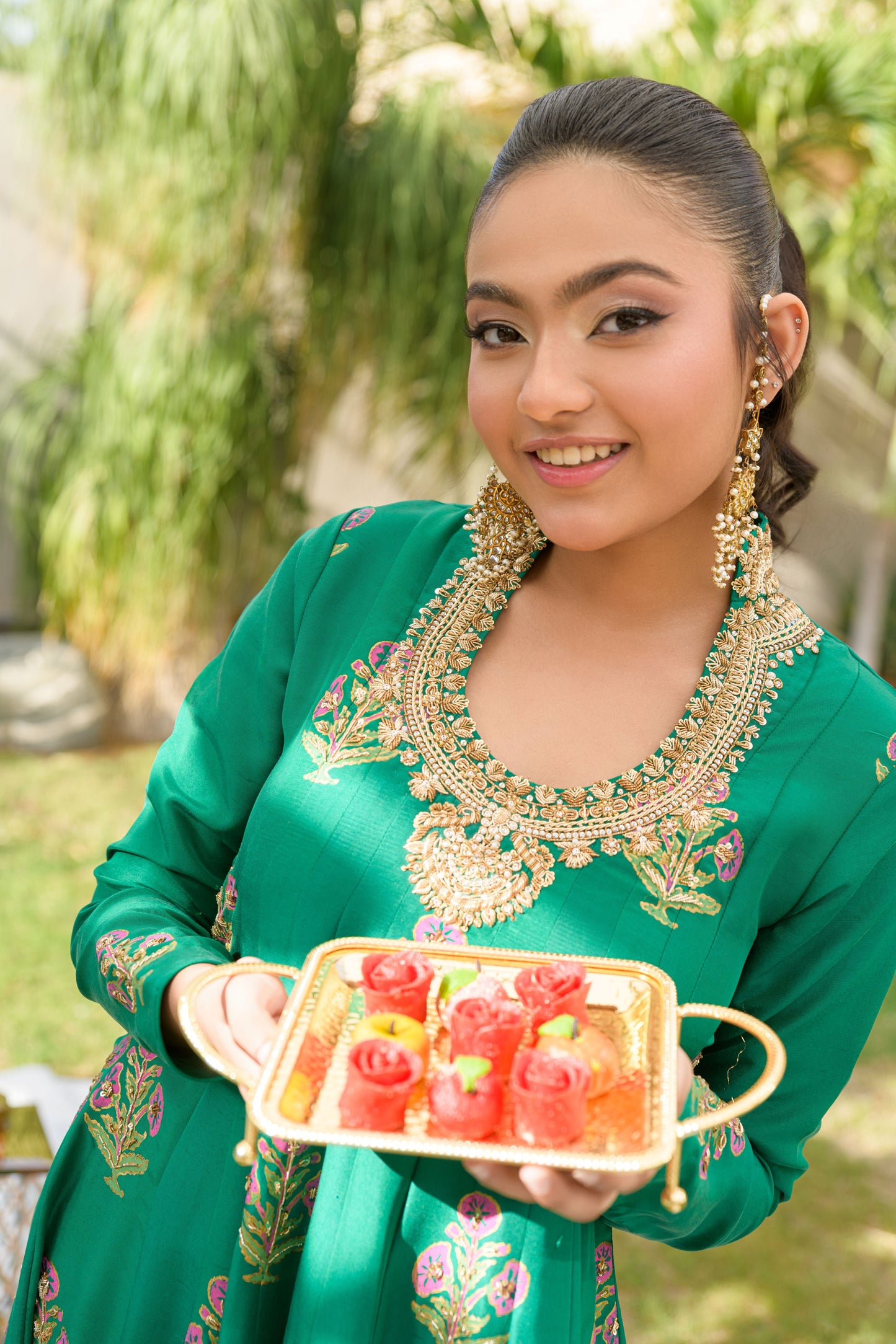 Emerald Bloom - deep green silk outfit neckline detail view by Alishba Kashif