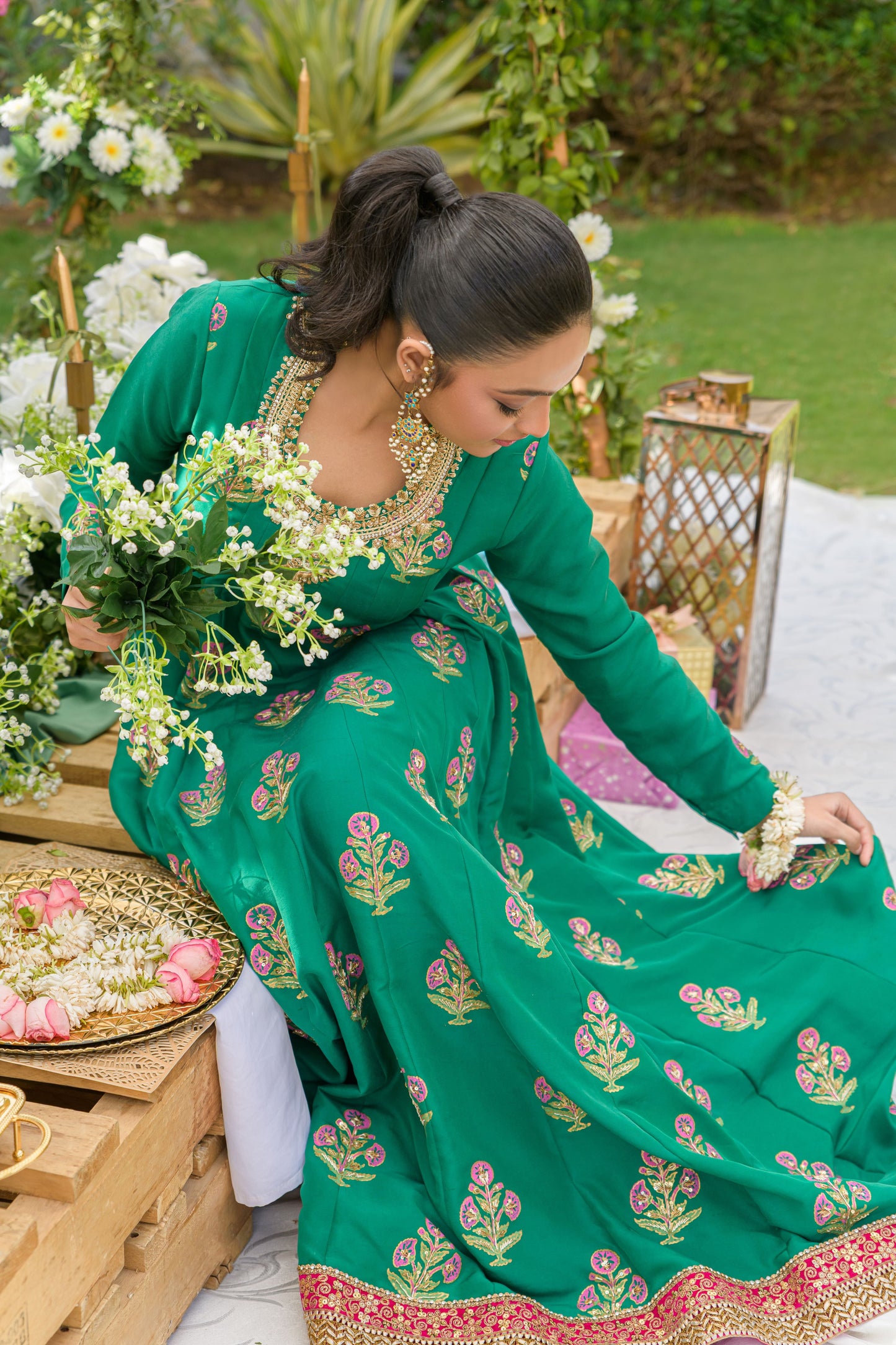 Emerald Bloom - deep green sheesha silk dress closeup view by Alishba Kashif