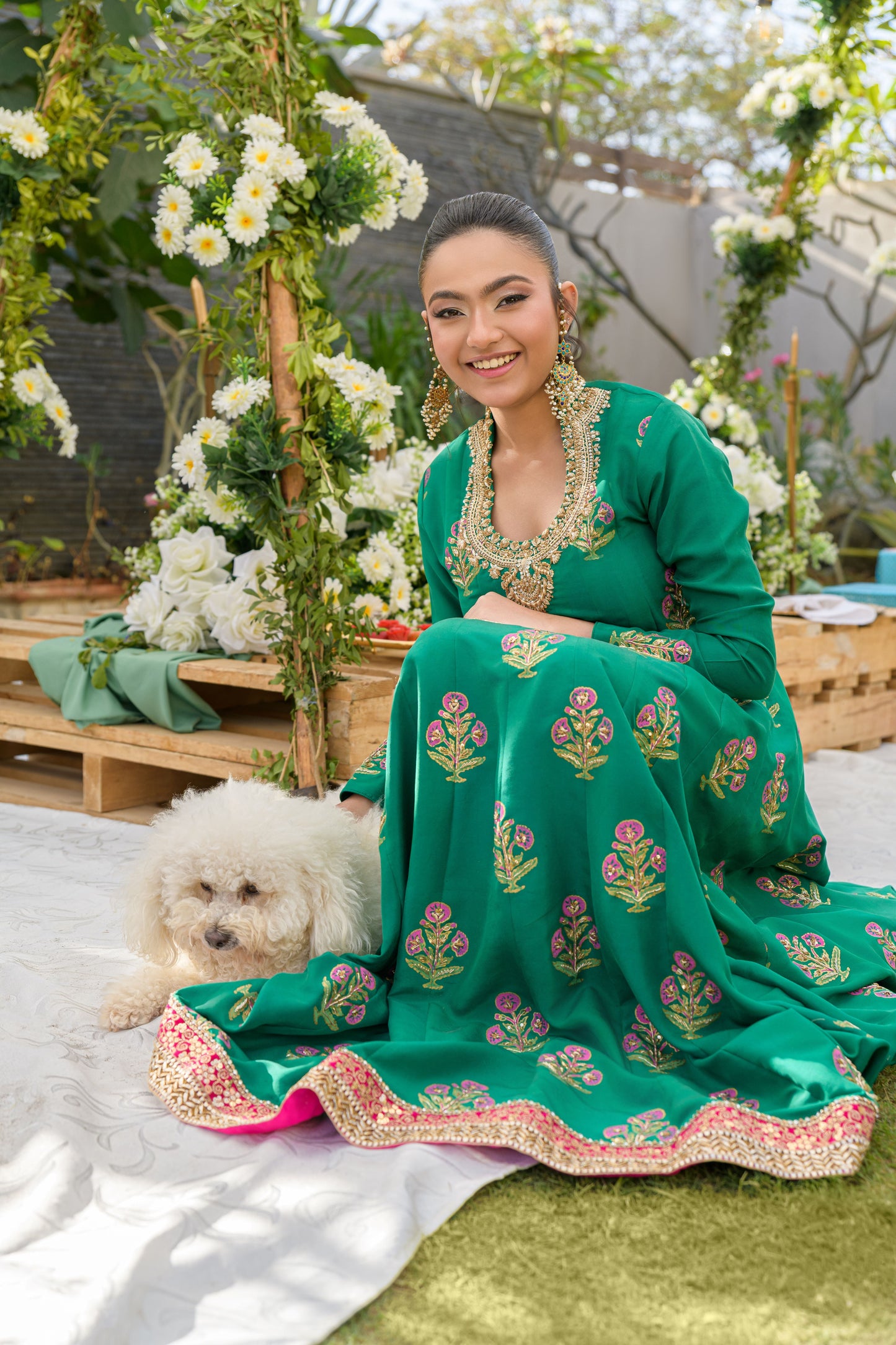 Emerald Bloom - deep green sheesha silk dress with floral block print and handwork by Alishba Kashif