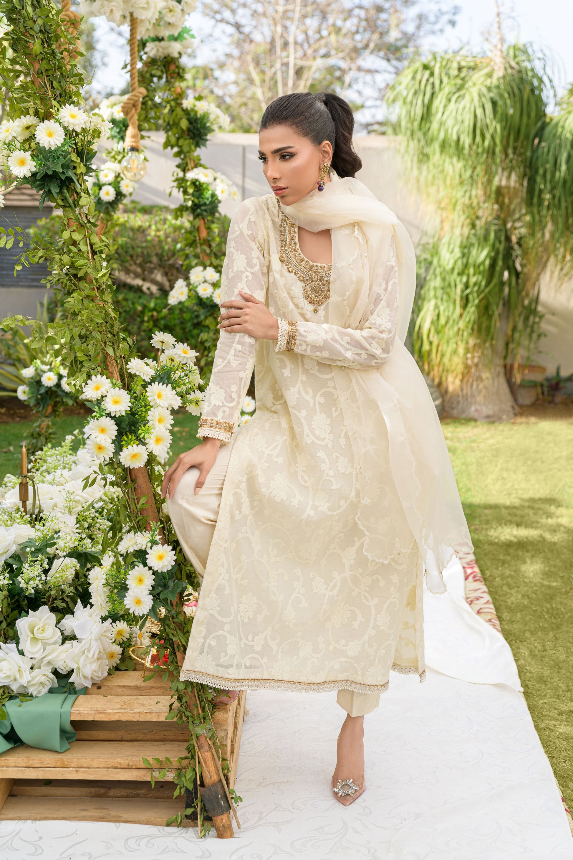 Noor-E-Safa - ivory cotton voile shirt with zardozi embroidery by Alishba Kashif
