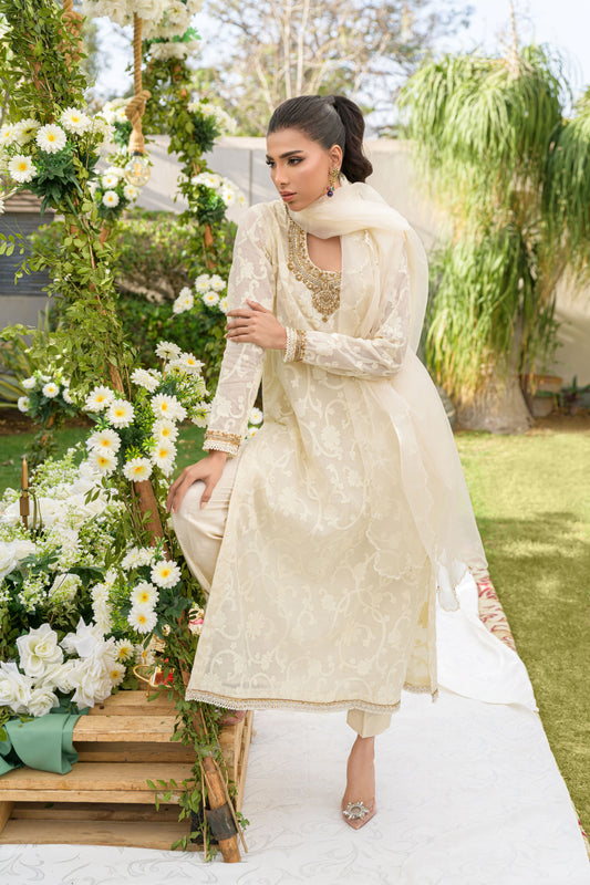 Noor-E-Safa - ivory cotton voile shirt with zardozi embroidery by Alishba Kashif