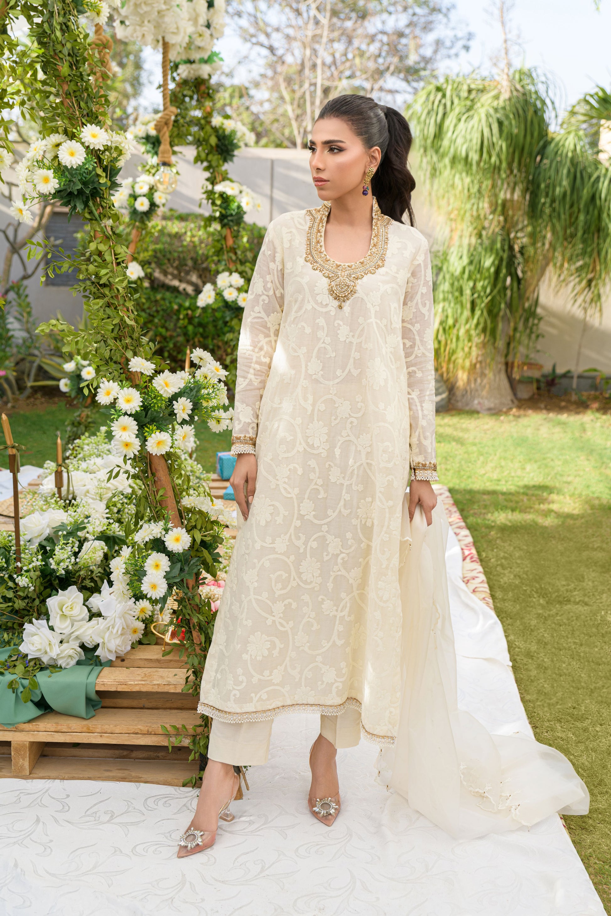 Noor-E-Safa - ivory cotton voile shirt with zardozi embroidery full length front view by Alishba Kashif