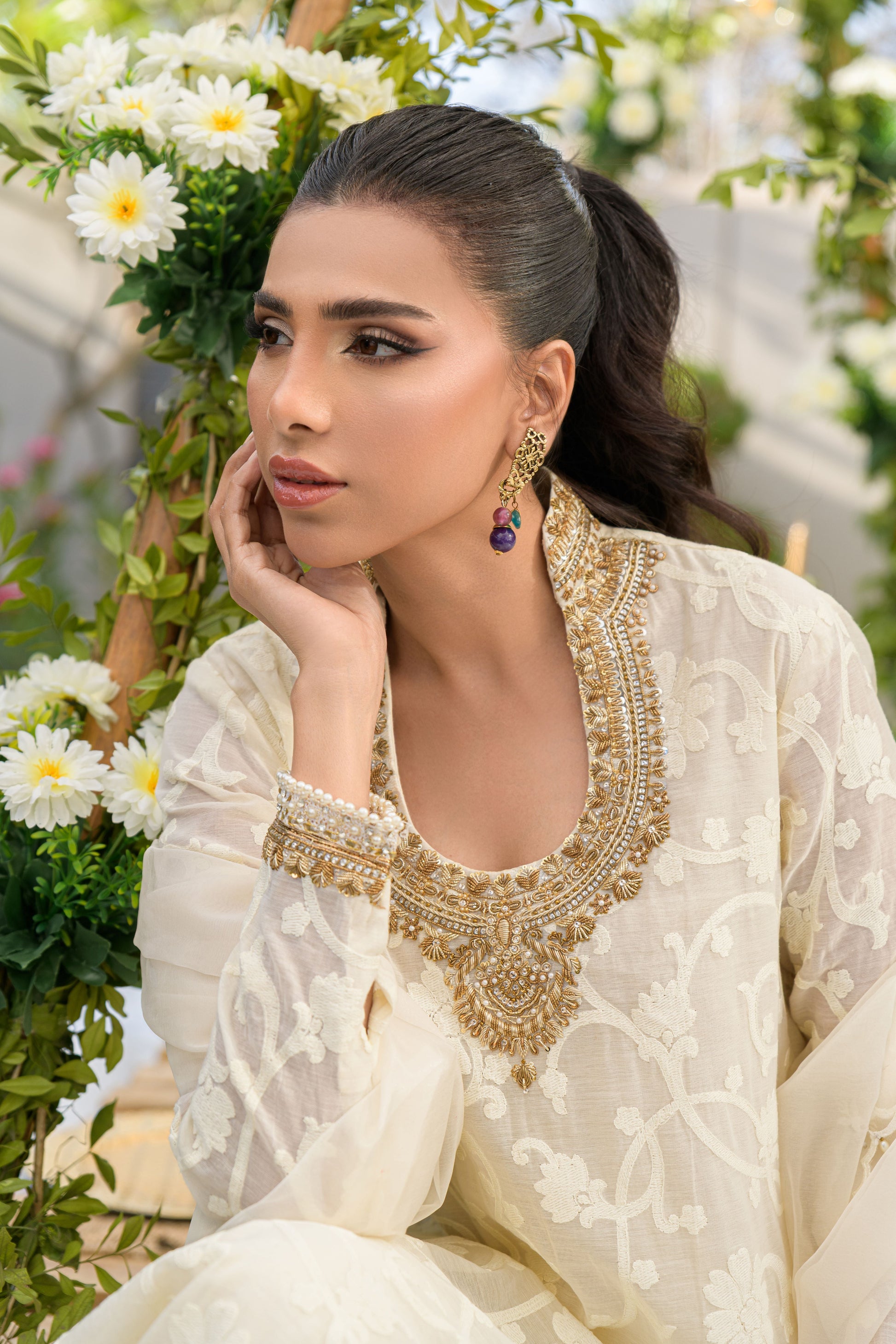 Noor-E-Safa - ivory cotton voile shirt with zardozi embroidery neckline view by Alishba Kashif