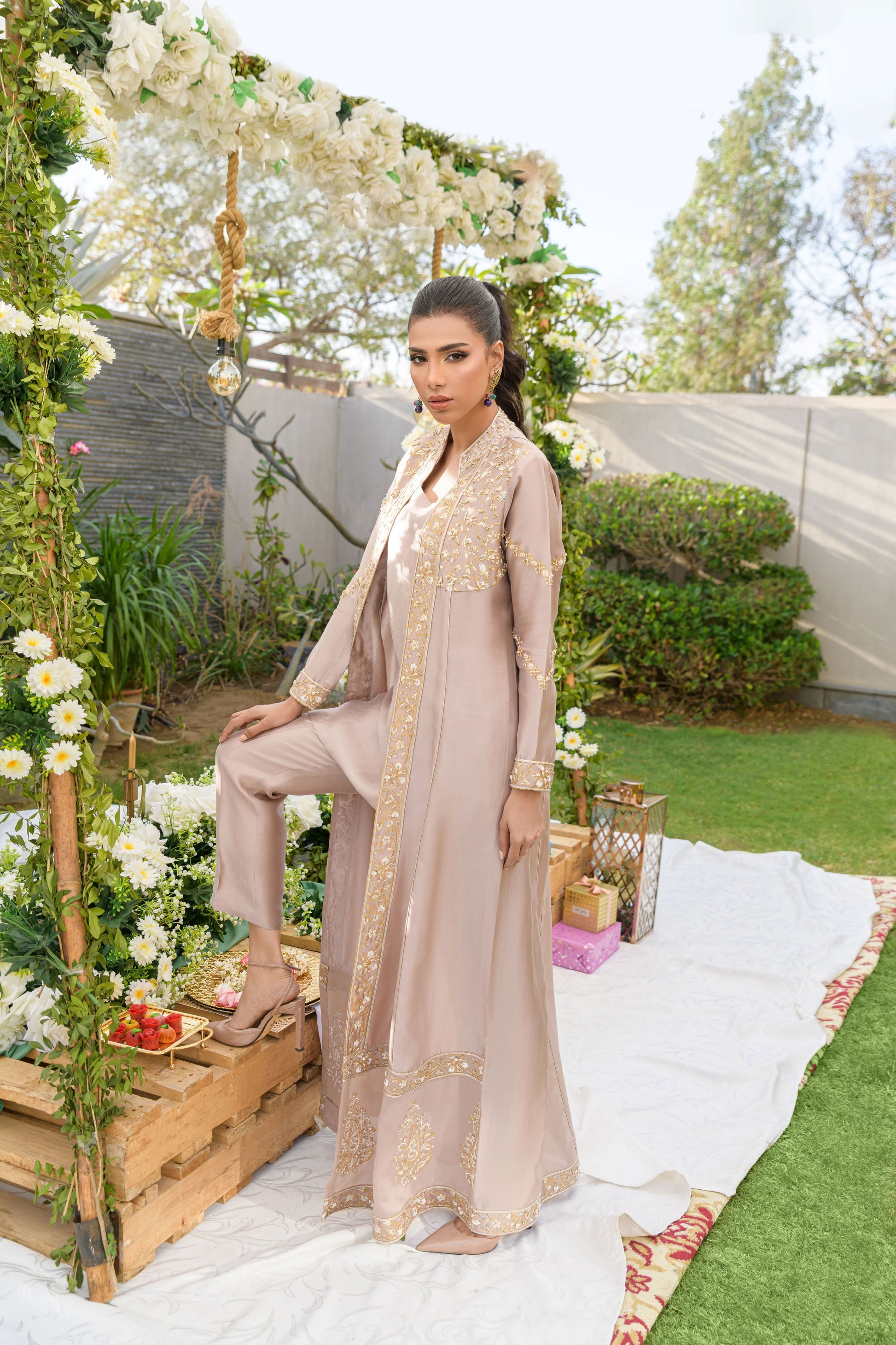 Champagne Elegance - champagne sheesha silk jacket with block print nakshi work side view by Alishba Kashif