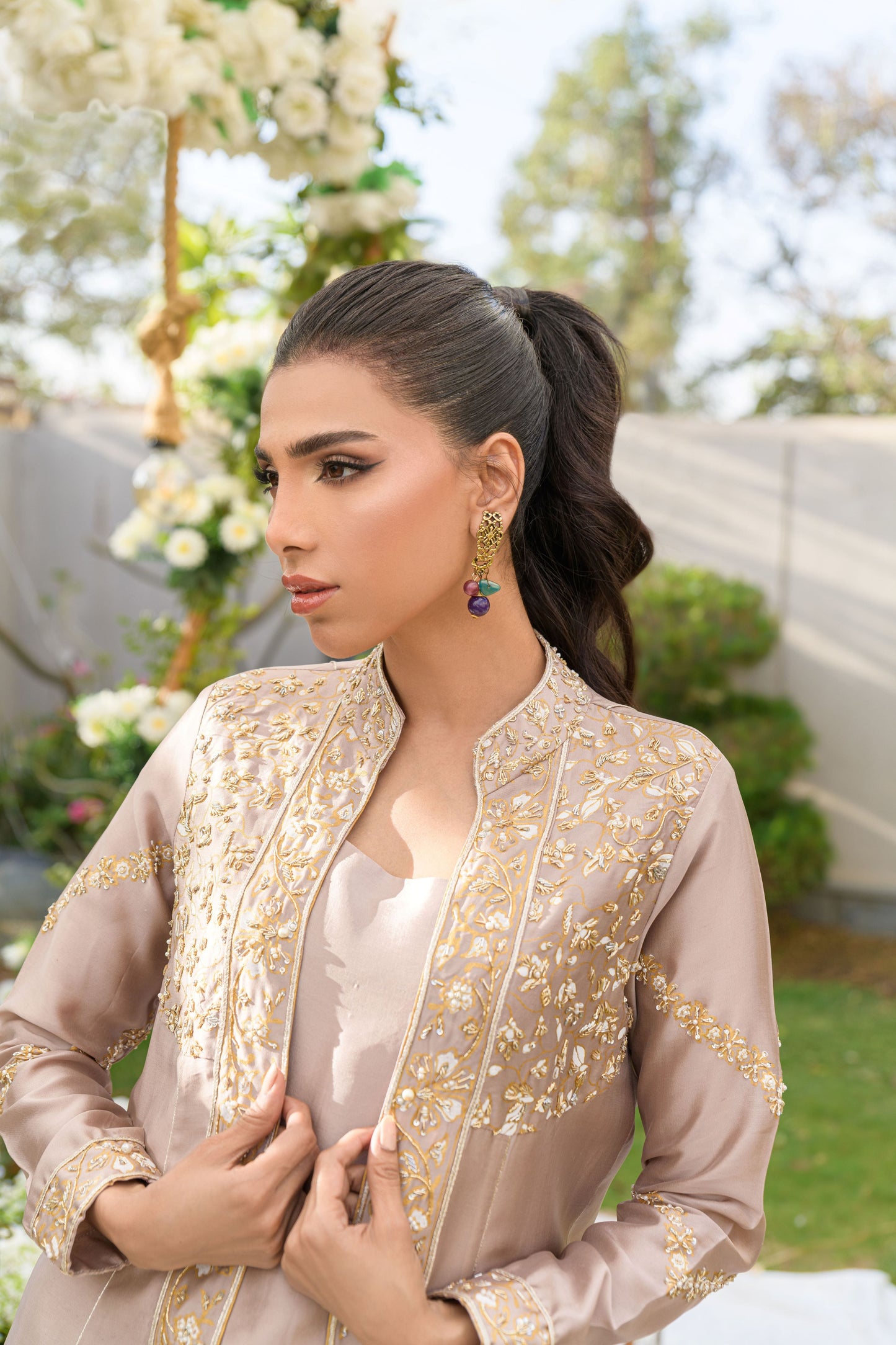 Champagne Elegance - champagne sheesha silk jacket with block print nakshi work closeup view by Alishba Kashif