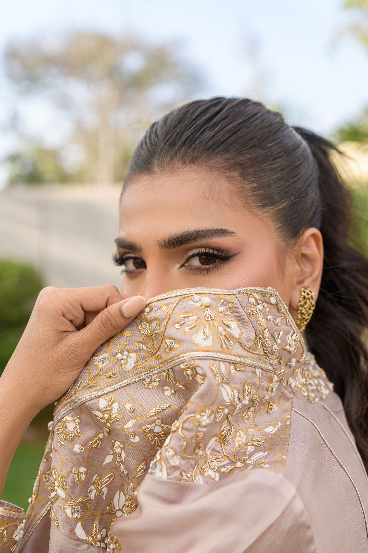Champagne Elegance - champagne sheesha silk jacket with block print nakshi work detail by Alishba Kashif