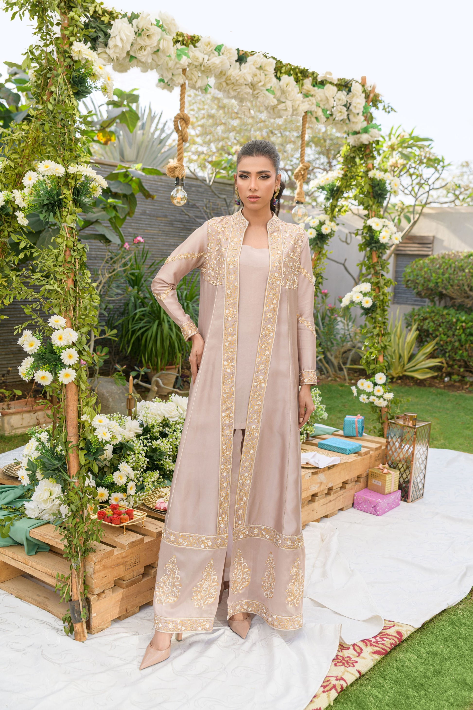 Champagne Elegance - champagne sheesha silk jacket with block print nakshi work full length view by Alishba Kashif