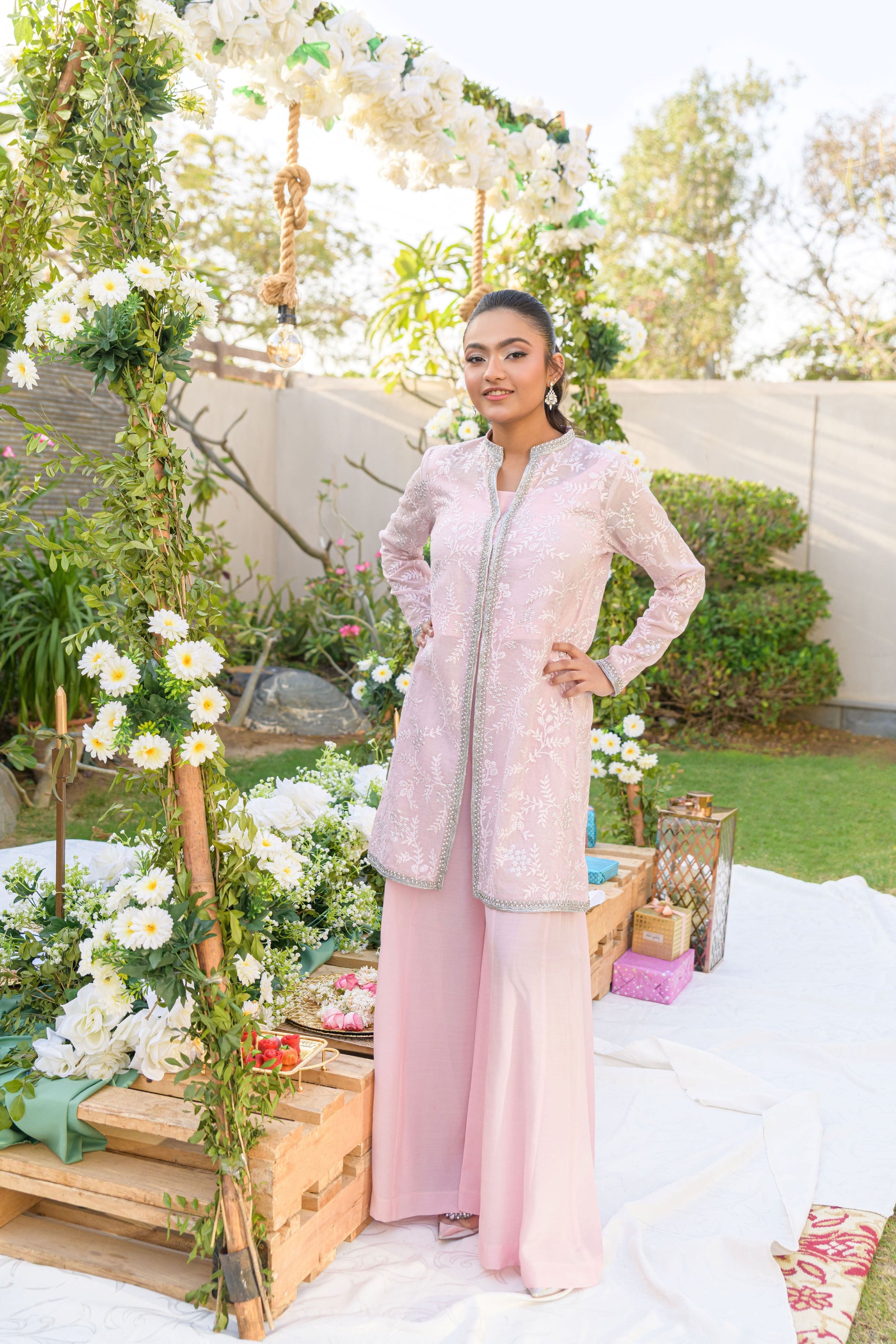 Blush Bloom - pastel pink cotton voile jacket with silk palazzo's front view by Alishba Kashif