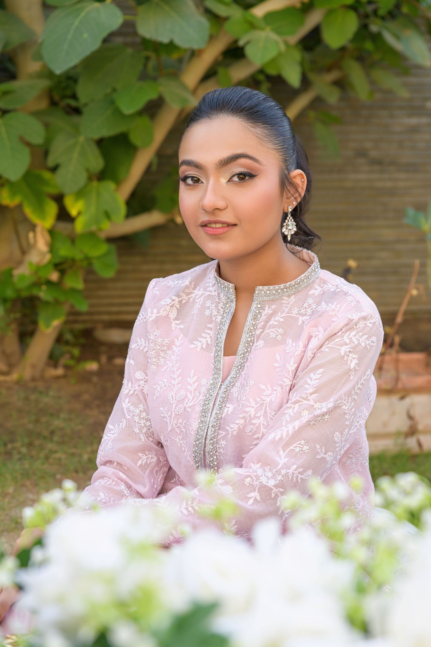 Blush Bloom - pastel pink cotton voile jacket with silk palazzo's detail view by Alishba Kashif