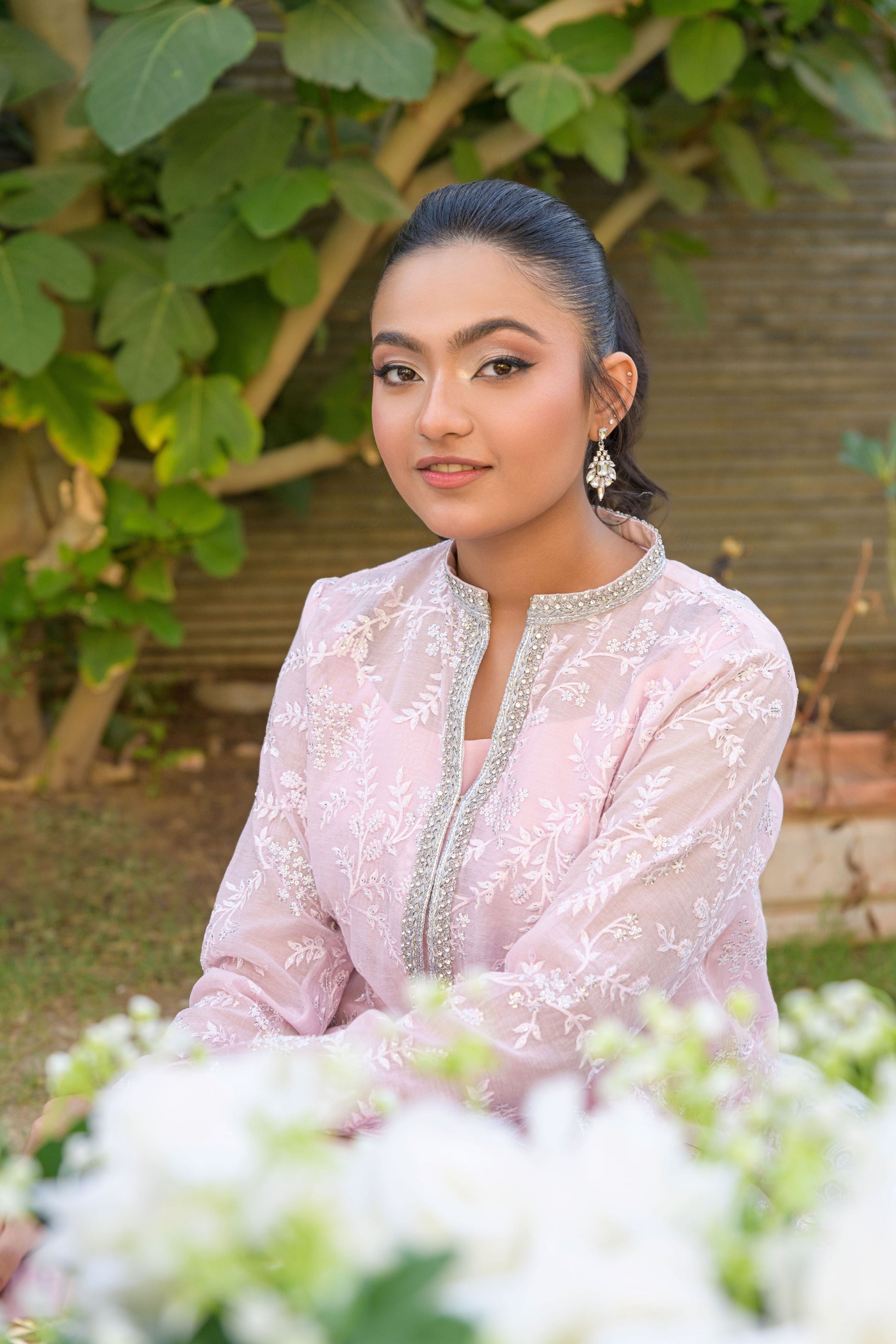 Blush Bloom - pastel pink cotton voile jacket with silk palazzo's detail view by Alishba Kashif