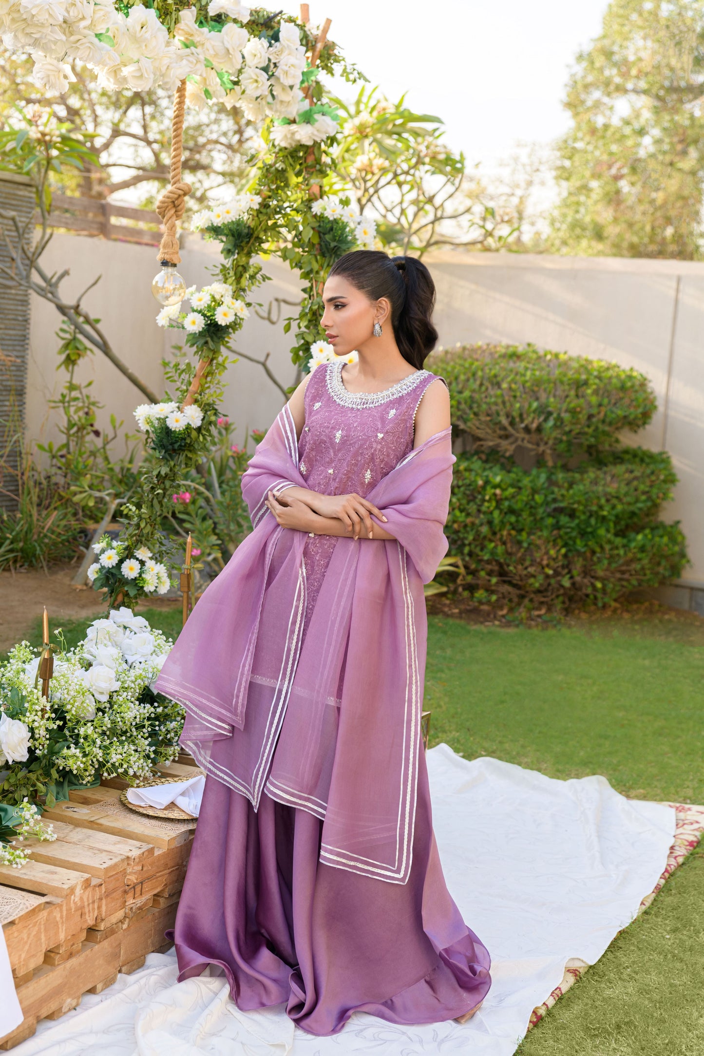 Amethyst Romance - mauve karandi top with gota pearl embellishment's front view by Alishba Kashif
