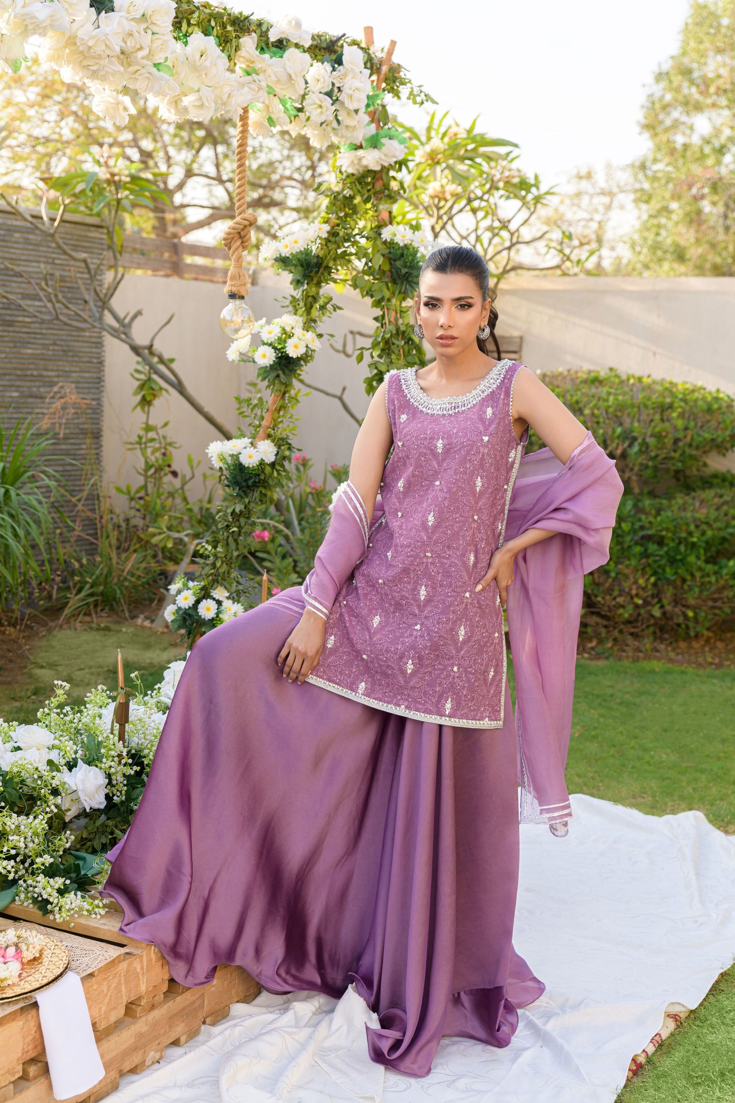 Amethyst Romance - mauve karandi top with gota pearl embellishment's full length front view by Alishba Kashif