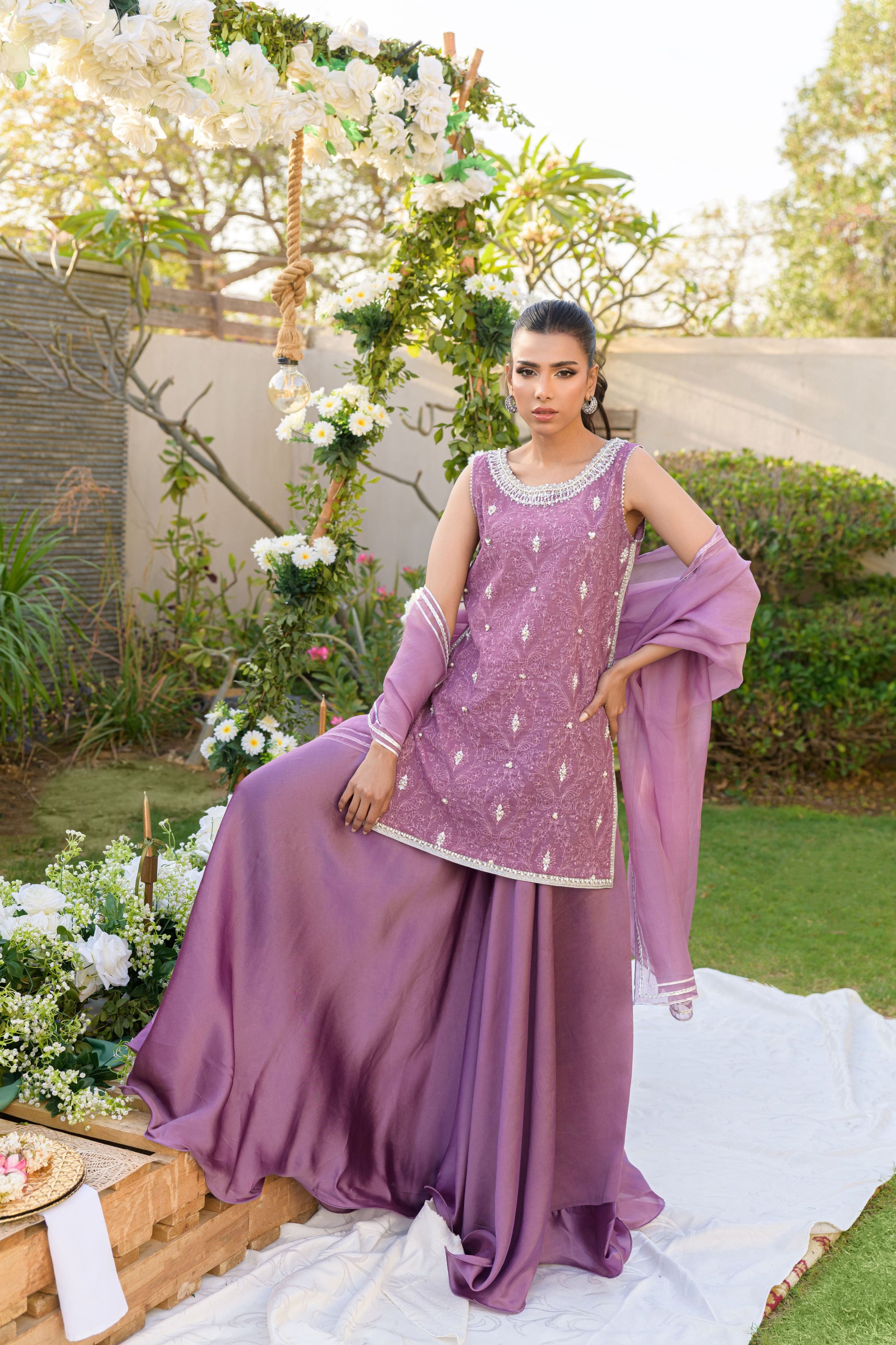 Amethyst Romance - mauve karandi top with gota pearl embellishment's full length front view by Alishba Kashif