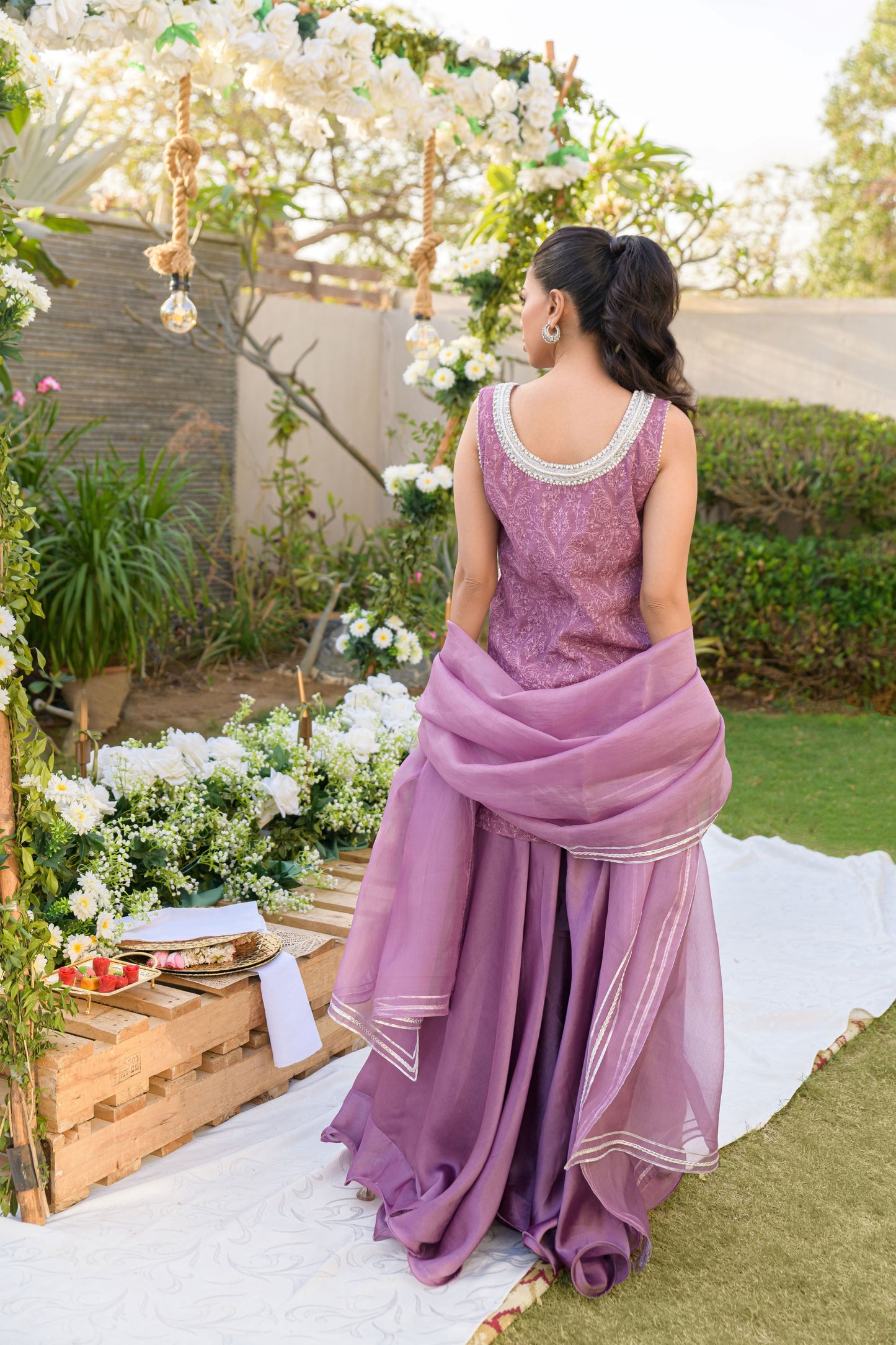 Amethyst Romance - mauve karandi top with gota pearl embellishment's back view by Alishba Kashif