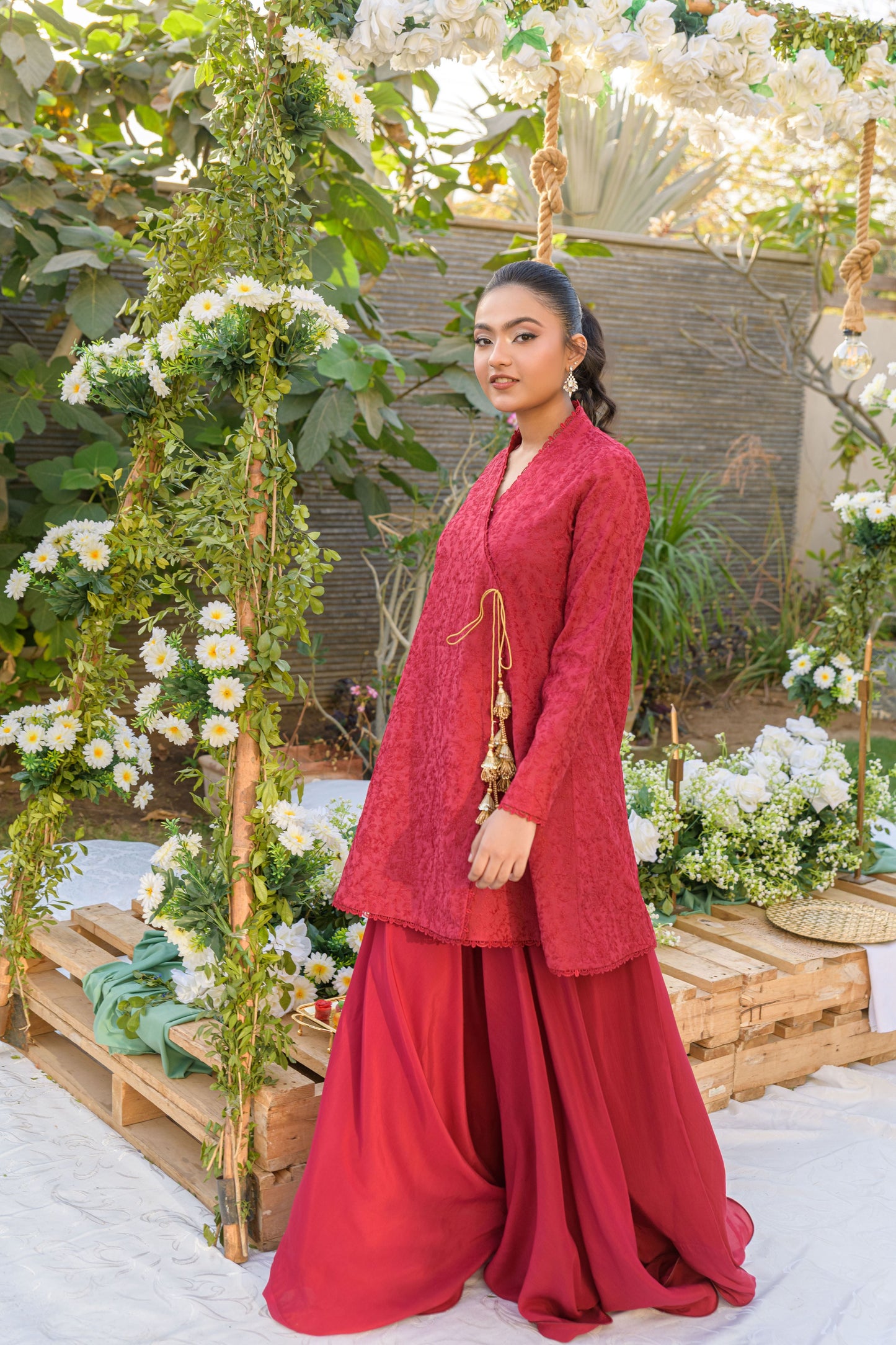 Crimson Flow - red cotton voile angrakha with threadwork by Alishba Kashif
