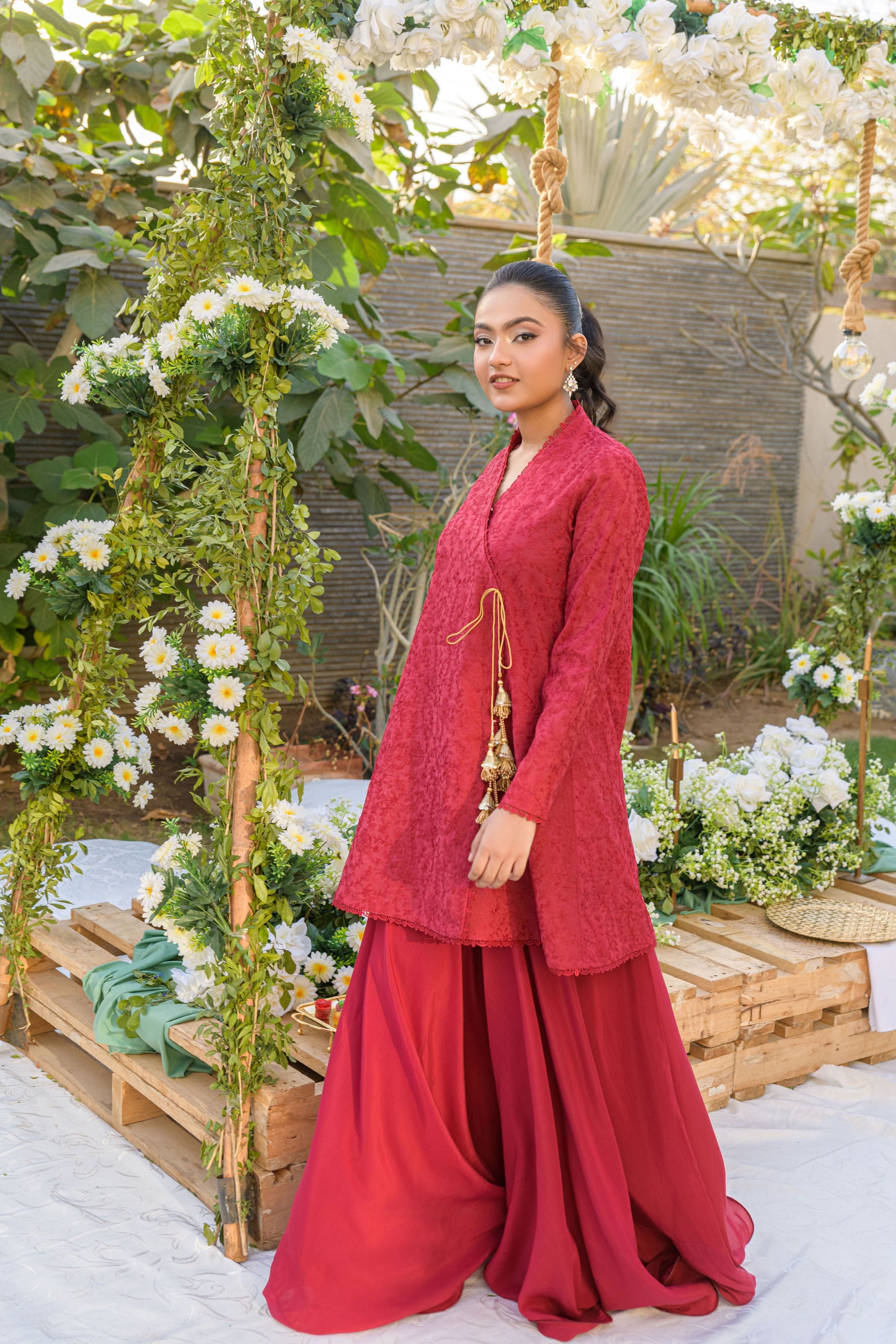 Crimson Flow - red cotton voile angrakha with threadwork by Alishba Kashif