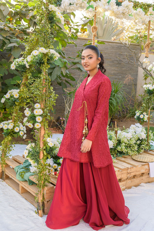 Crimson Flow - red cotton voile angrakha with threadwork by Alishba Kashif