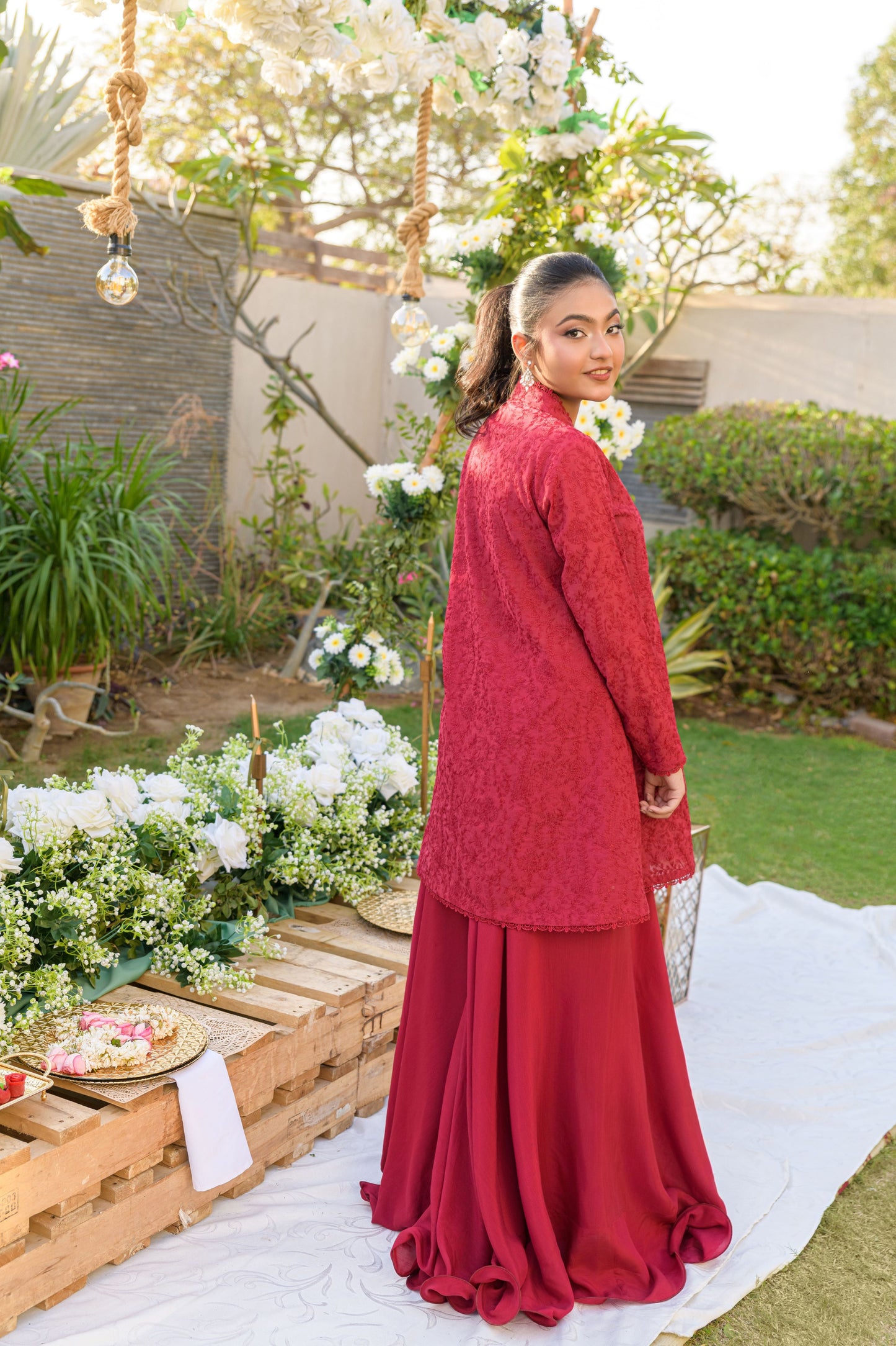 Crimson Flow - red angrakha full length side view by Alishba Kashif