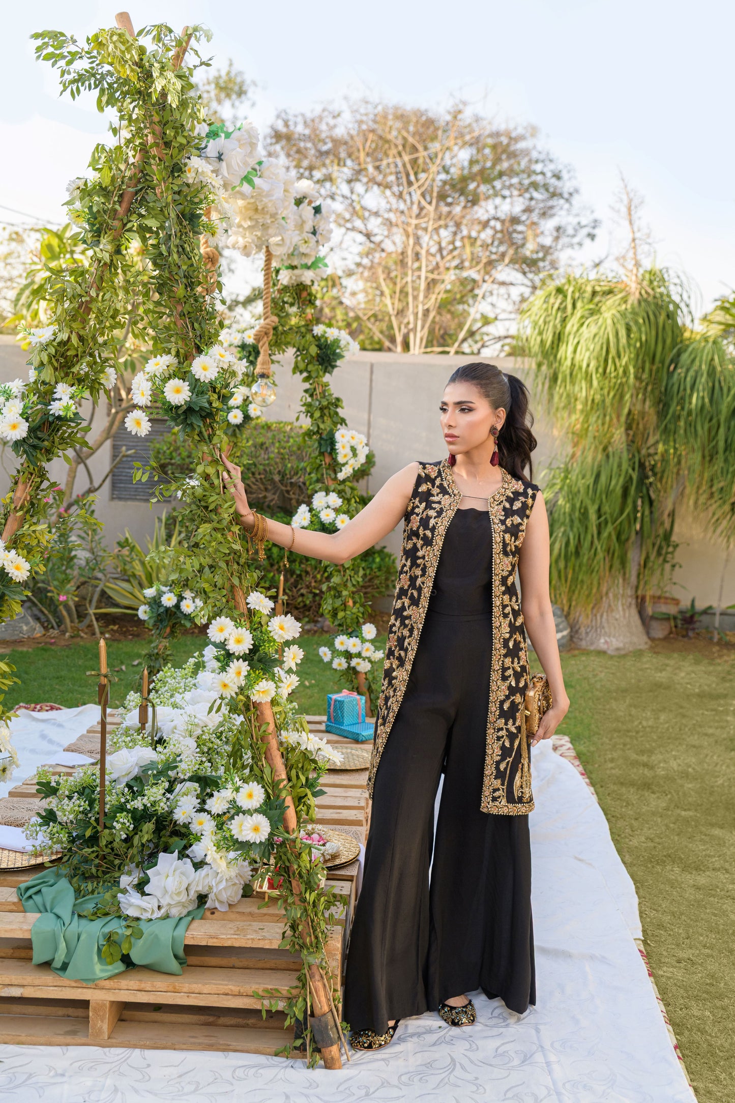Zarmina - black silk coat with Mughal gold antique handwork by Alishba Kashif