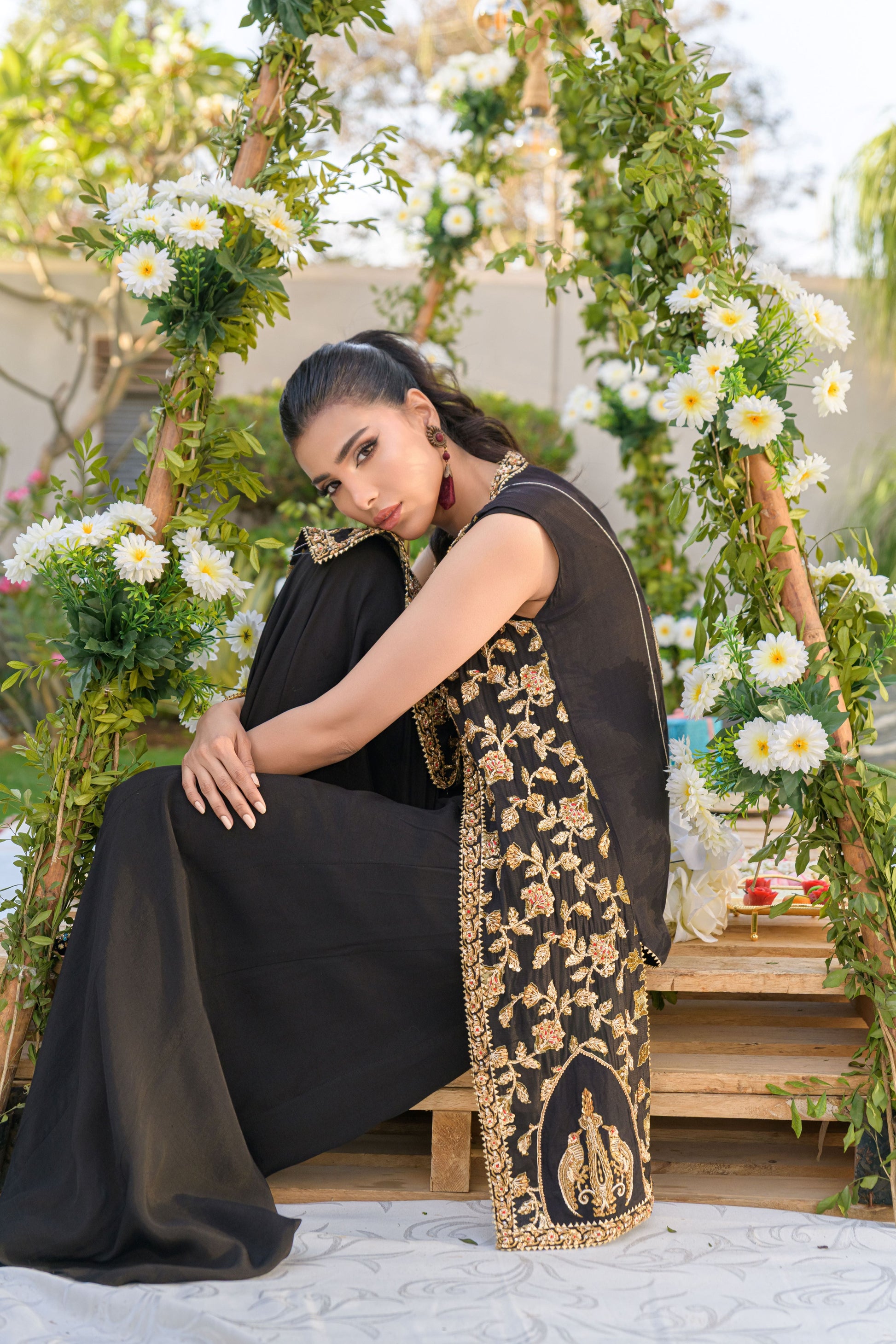 Zarmina - black Mughal inspired formal outfit side view by Alishba Kashif