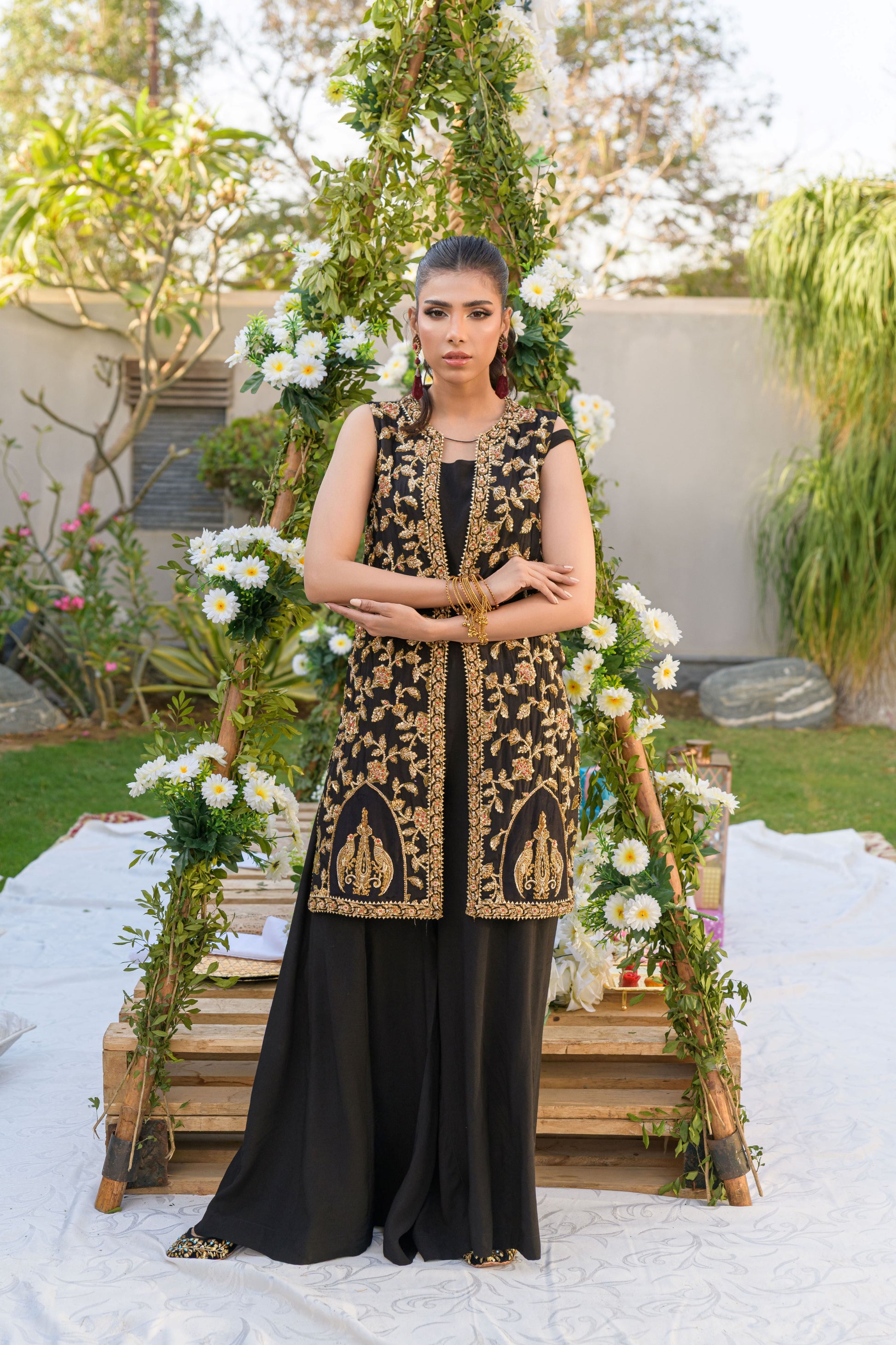 Zarmina - black Mughal inspired formal outfit full length front view by Alishba Kashif