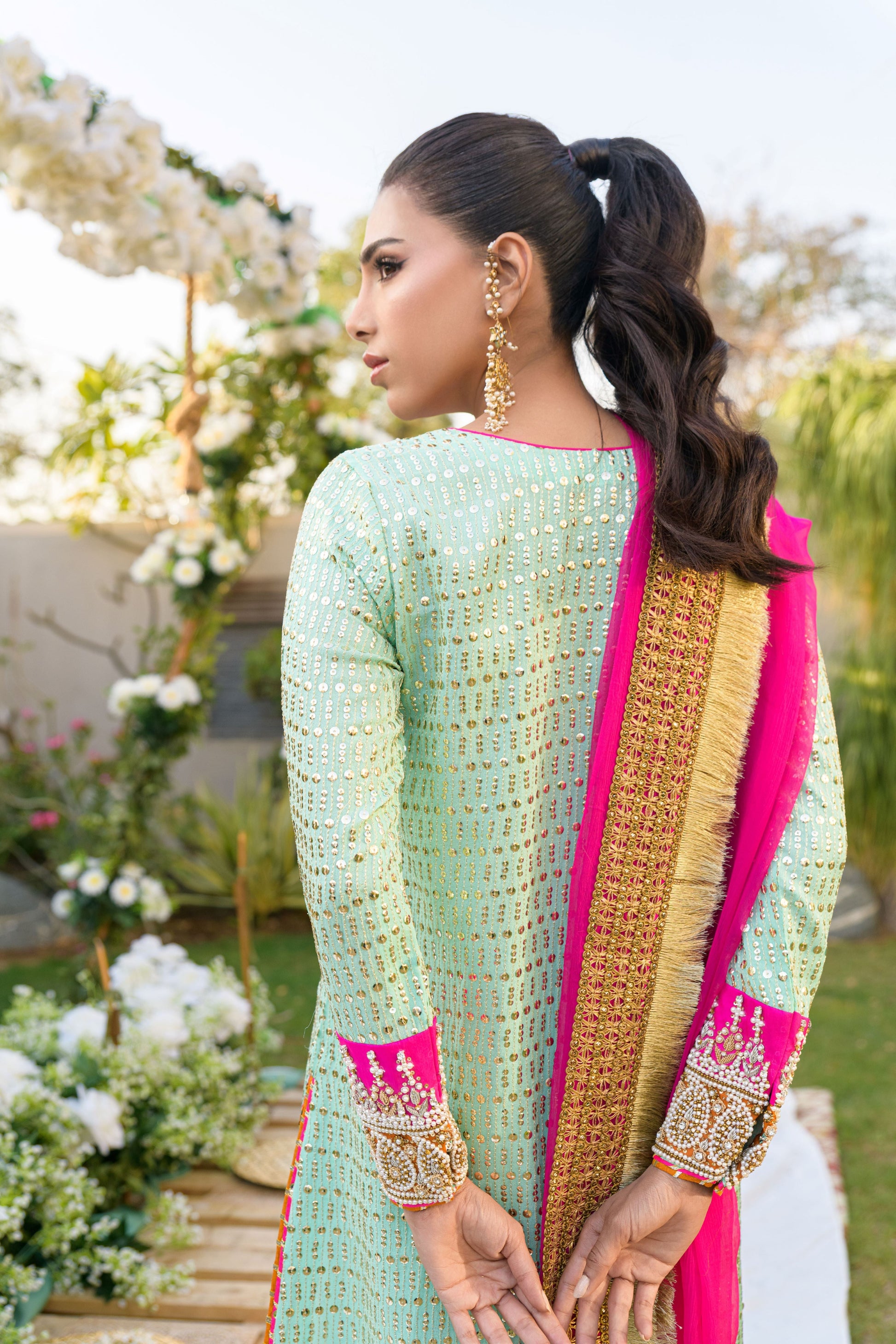Mehreen - mint green sequin embroidered kameez back view by Alishba Kashif