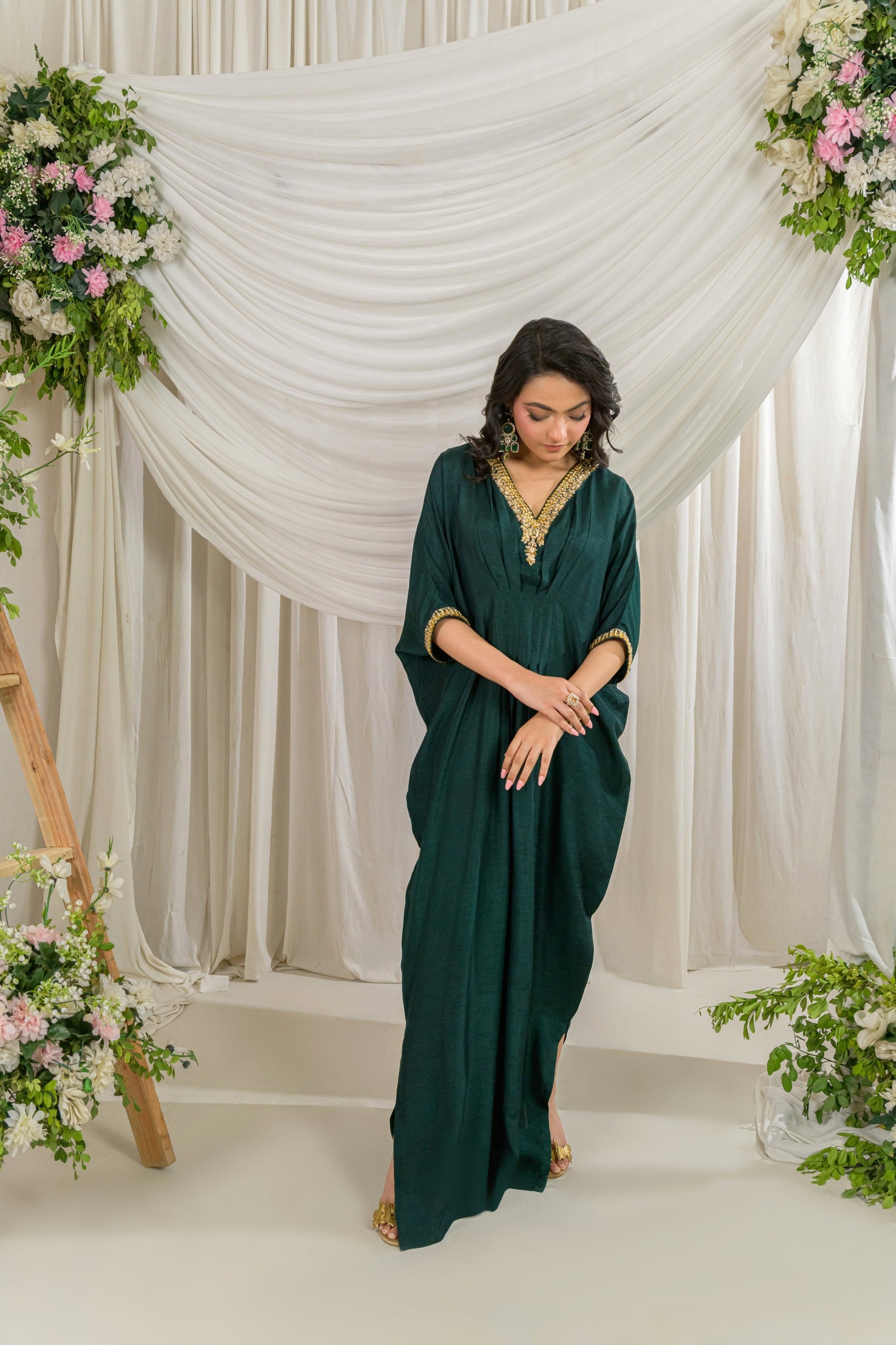 Verde - emerald green silk kaftan with gold antique handwork by Alishba Kashif