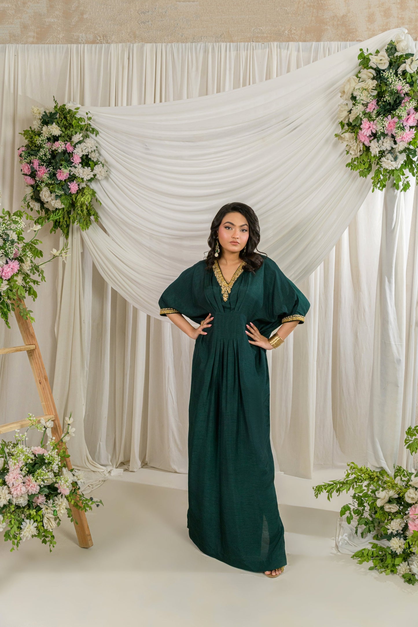 Verde - emerald green silk kaftan full length view by Alishba Kashif