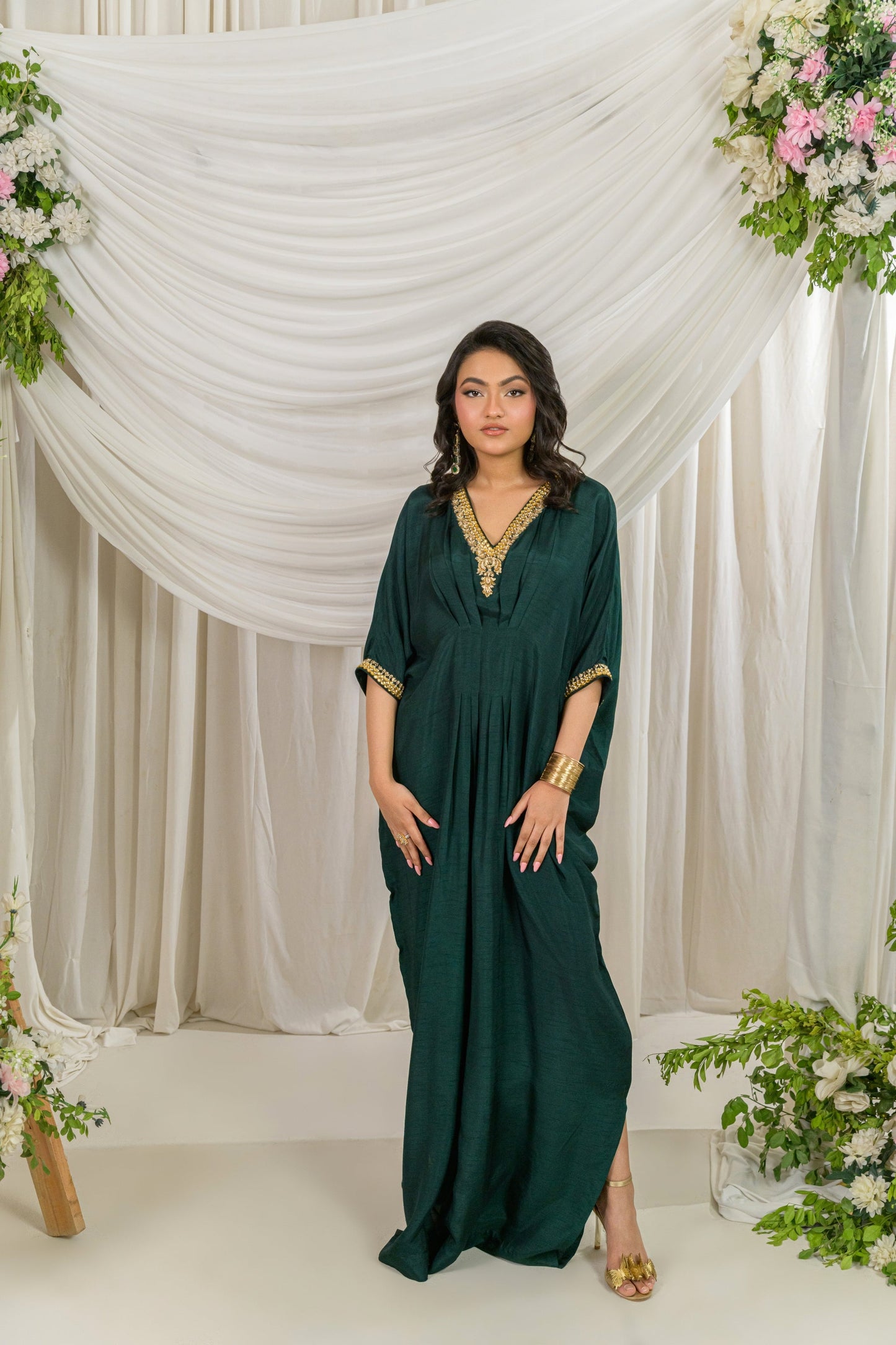 Verde - emerald green silk kaftan front view by Alishba Kashif